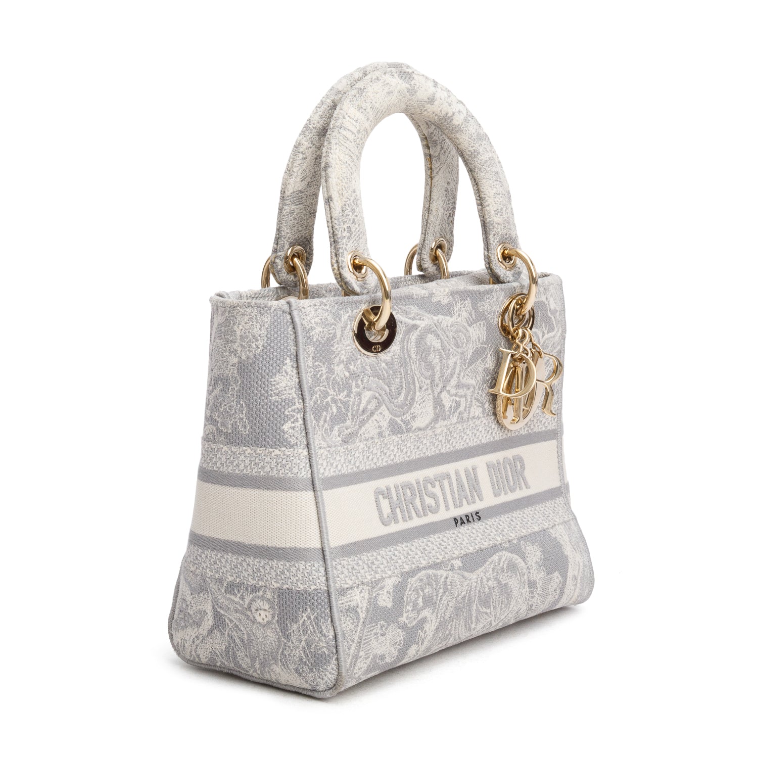 Christian Dior 2021 Grey Canvas Toile de Jouy Embroidered Medium Lady D-Lite w/ Strap