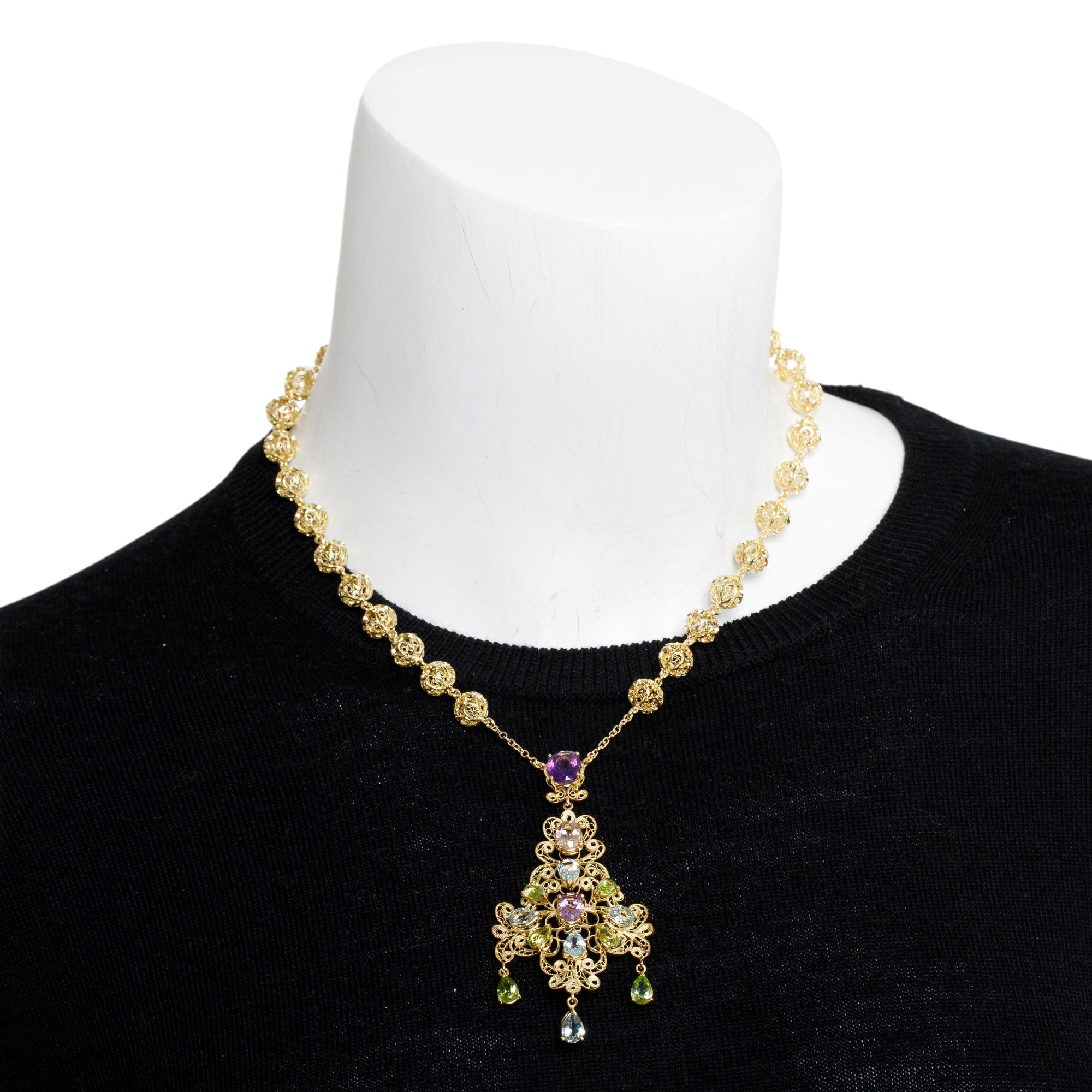 Dolce & Gabbana 18k Yellow Gold Filigree Multicolor Stone Pizzo Necklace w/ Box