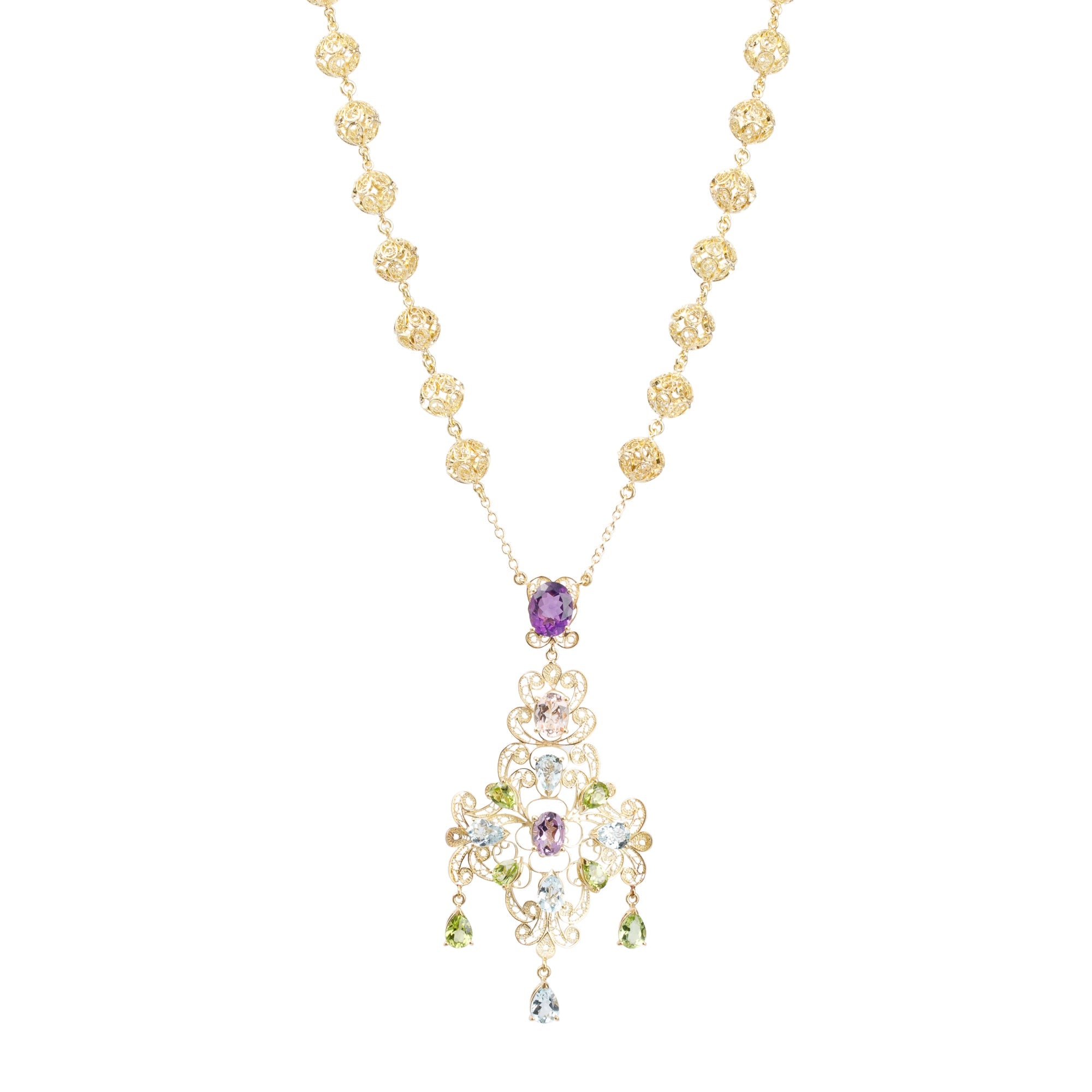 Dolce & Gabbana 18k Yellow Gold Filigree Multicolor Stone Pizzo Necklace w/ Box