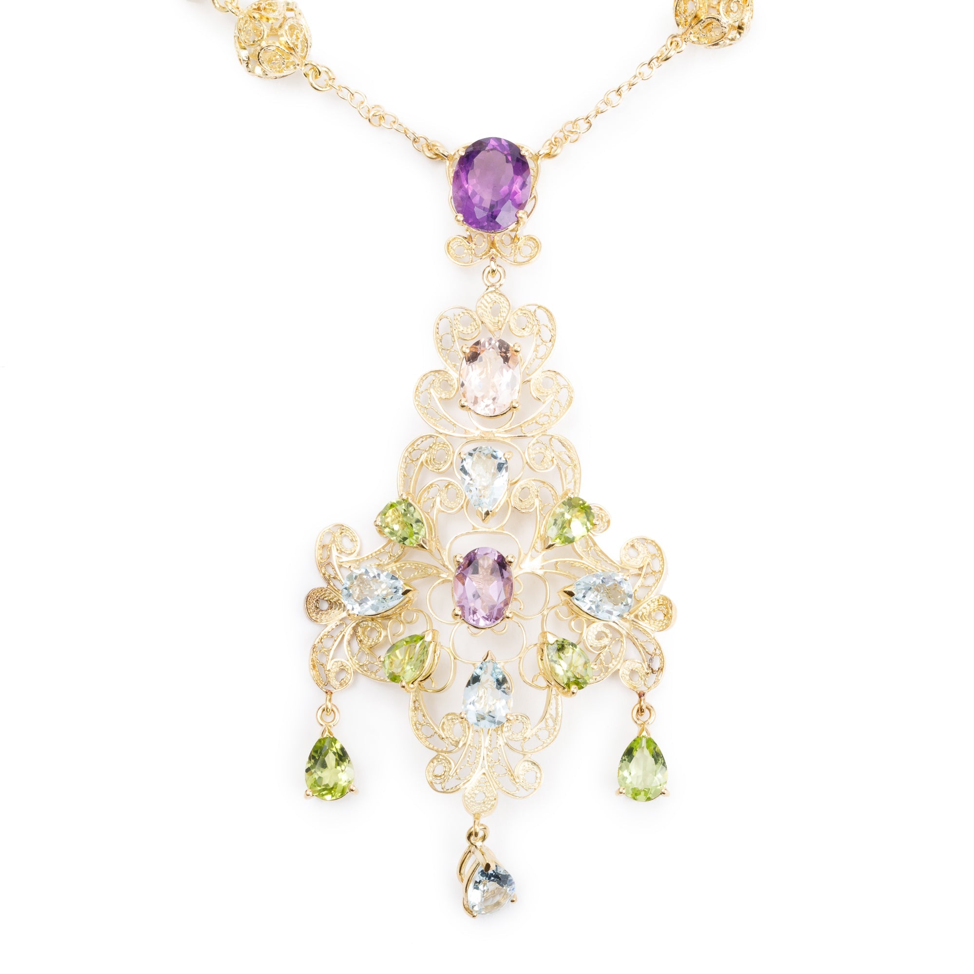 Dolce & Gabbana 18k Yellow Gold Filigree Multicolor Stone Pizzo Necklace w/ Box