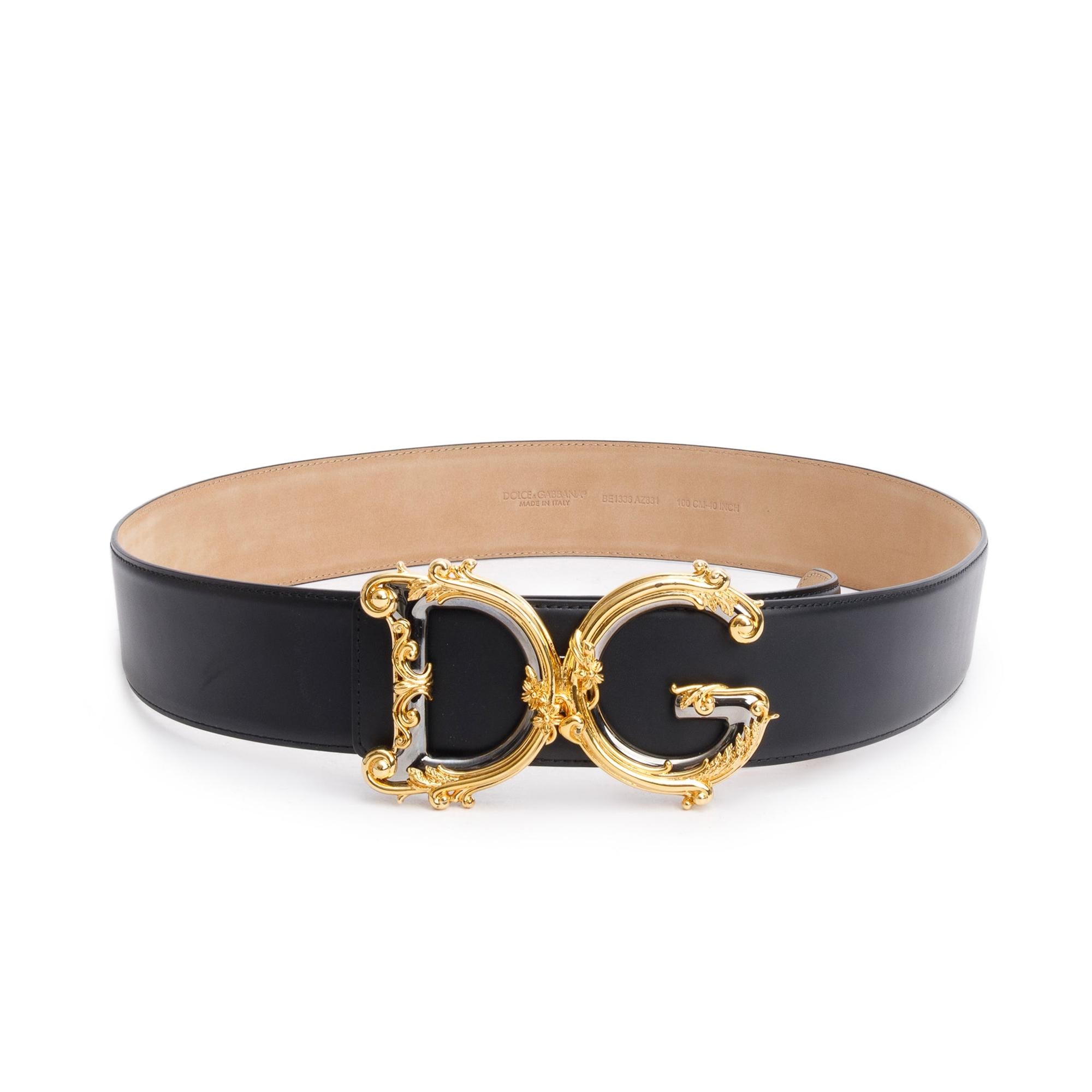 Dolce & Gabbana Black Calf Leather Belt with Baroque DG Logo 100 40