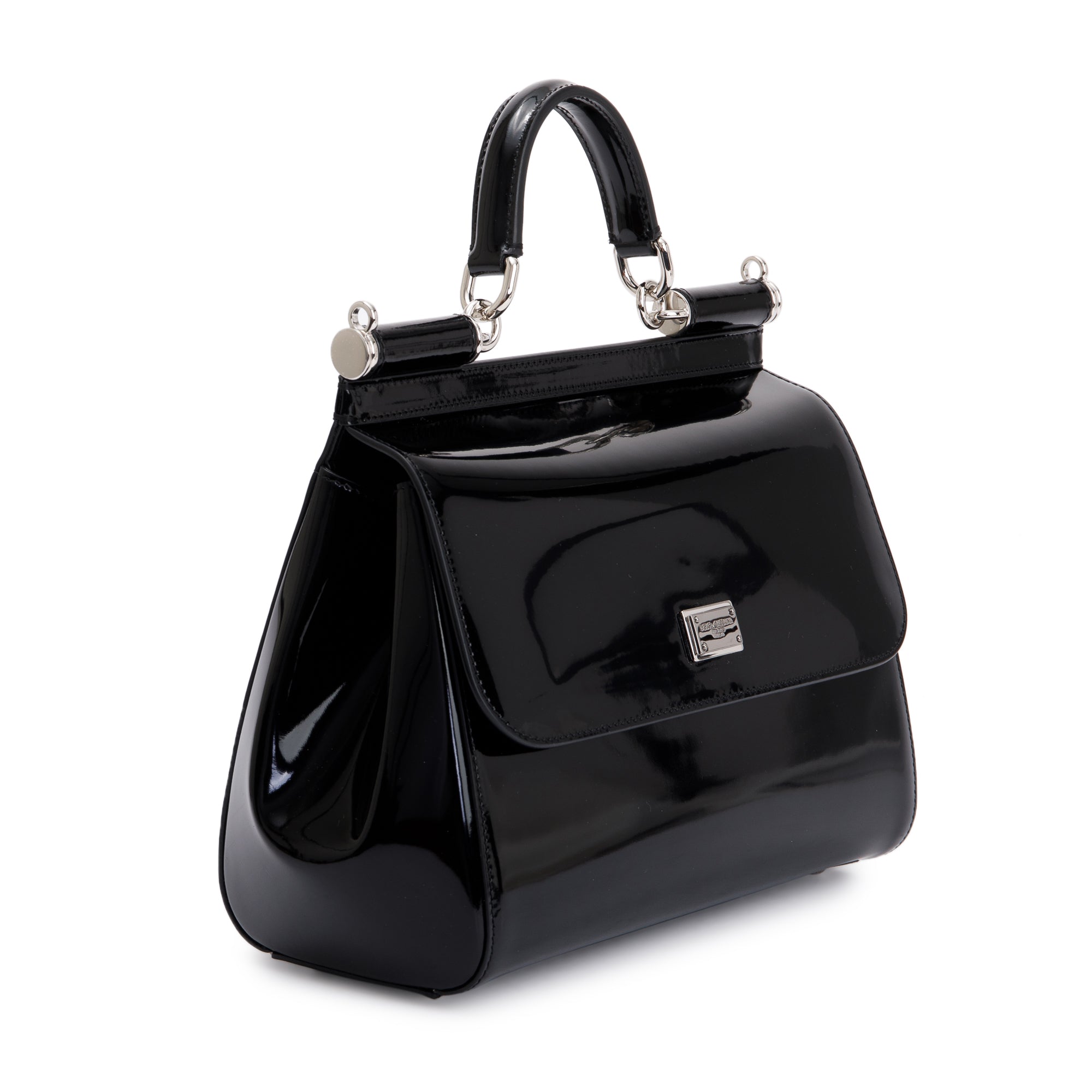 Dolce & Gabbana Black Patent Leather Medium Kim Sicily Bag w/ Strap & Box