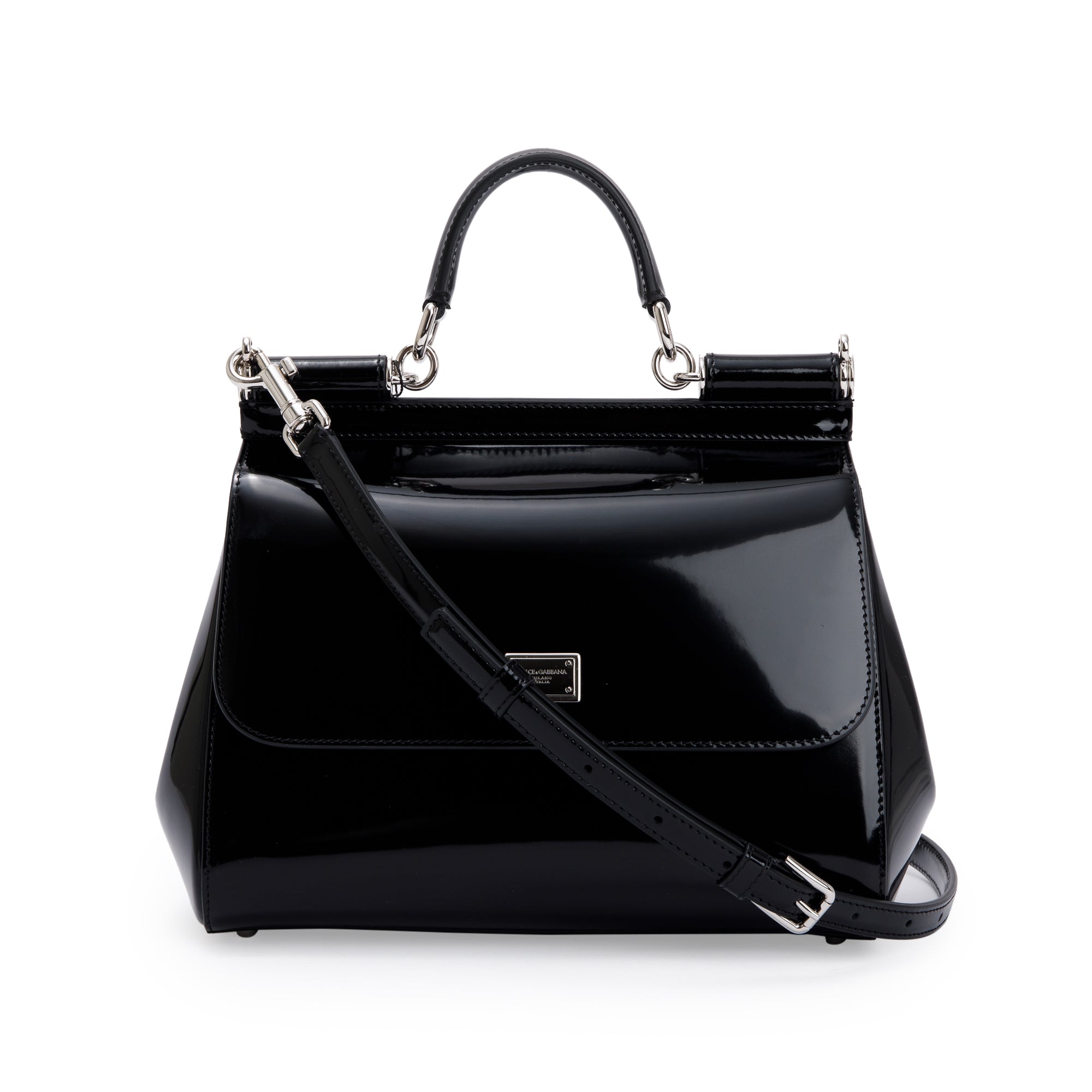 Dolce & Gabbana Black Patent Leather Medium Kim Sicily Bag w/ Strap & Box