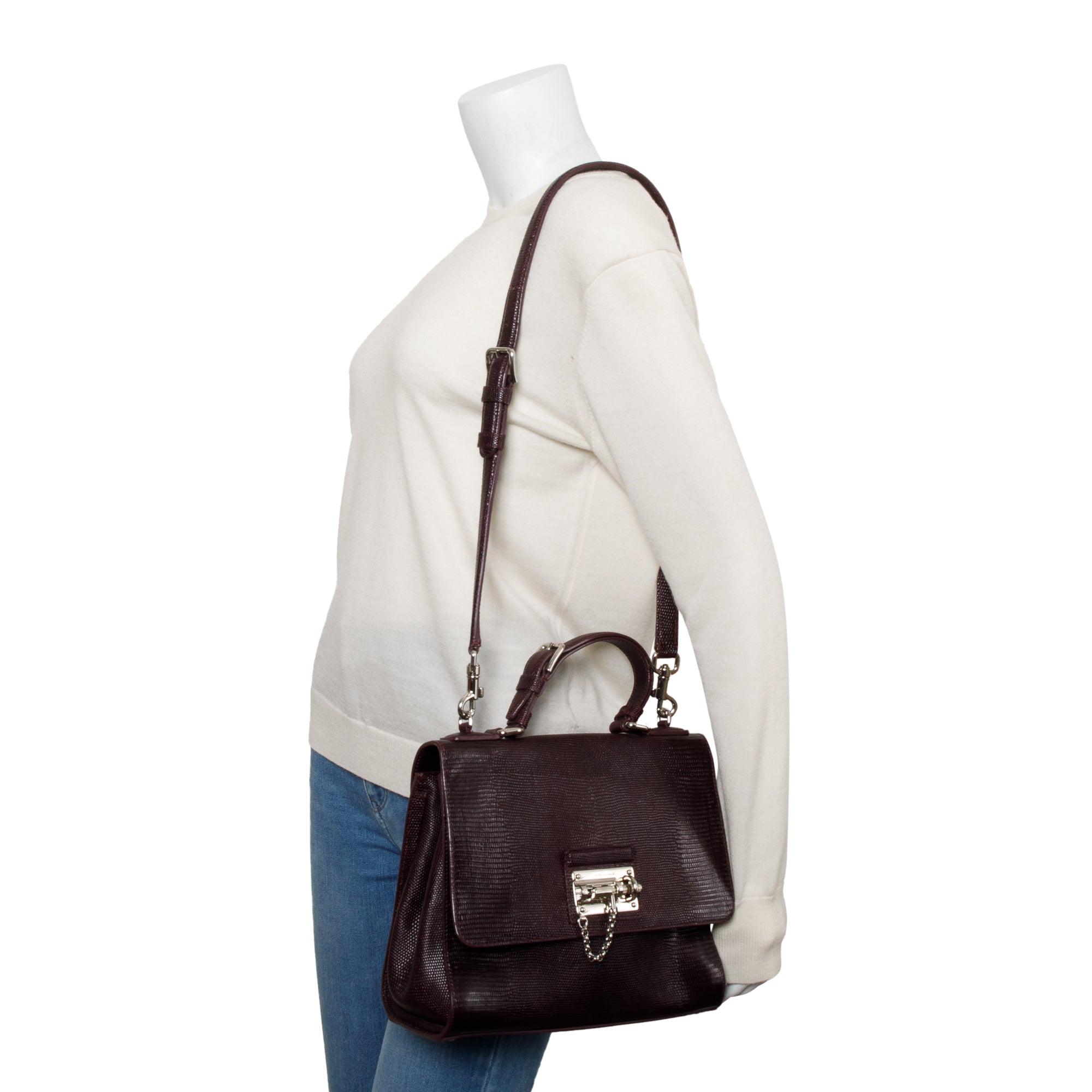 Dolce & Gabbana Burgundy Lizard Embossed Leather Medium Miss Monica Bag w/ Strap & Authenticity Card