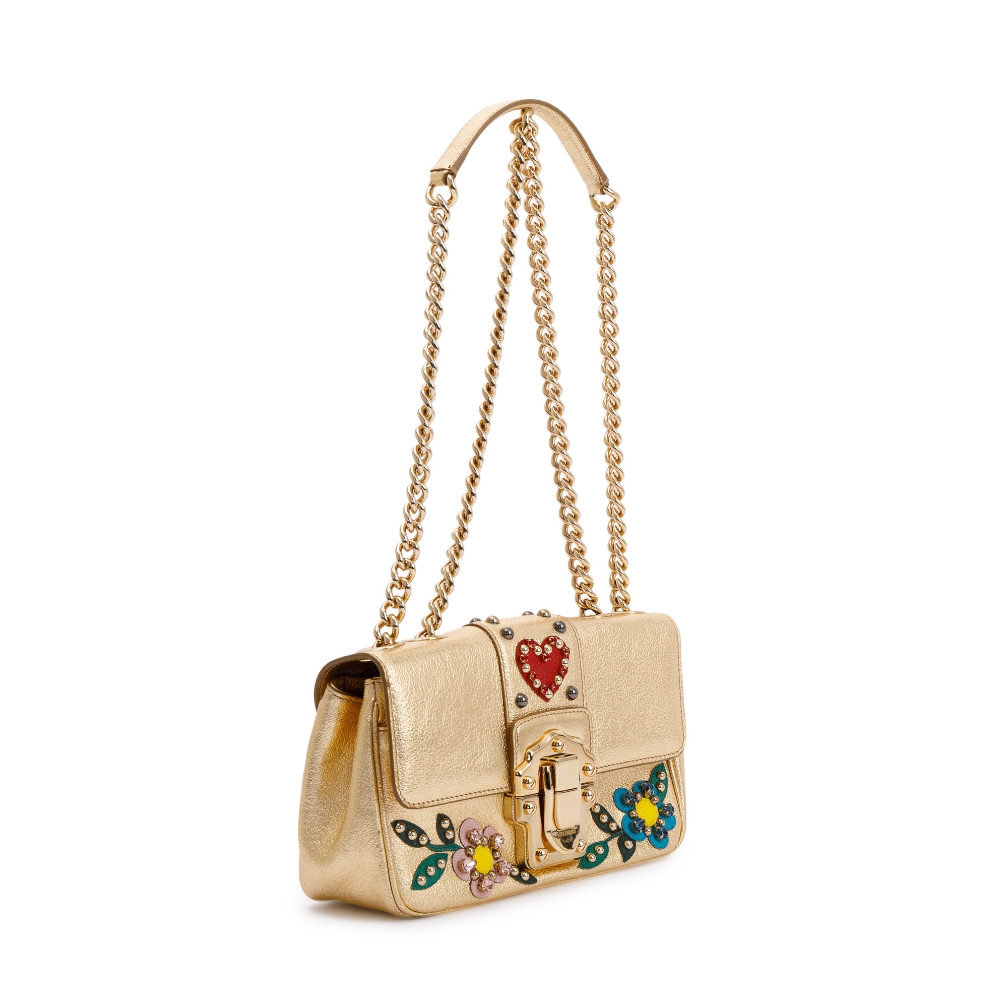 Dolce & Gabbana Embellished Metallic Gold Leather Lucia Shoulder Bag w/ Authenticity Card
