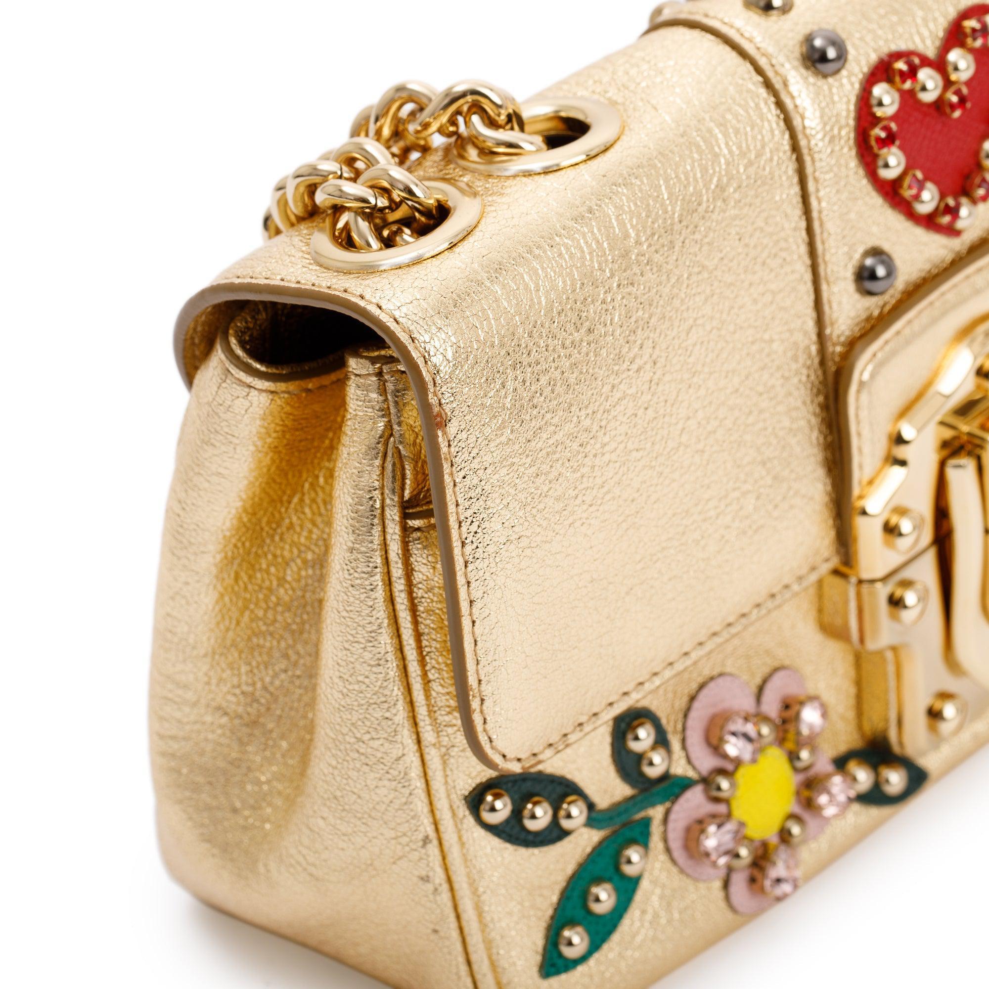 Dolce & Gabbana Embellished Metallic Gold Leather Lucia Shoulder Bag w/ Authenticity Card