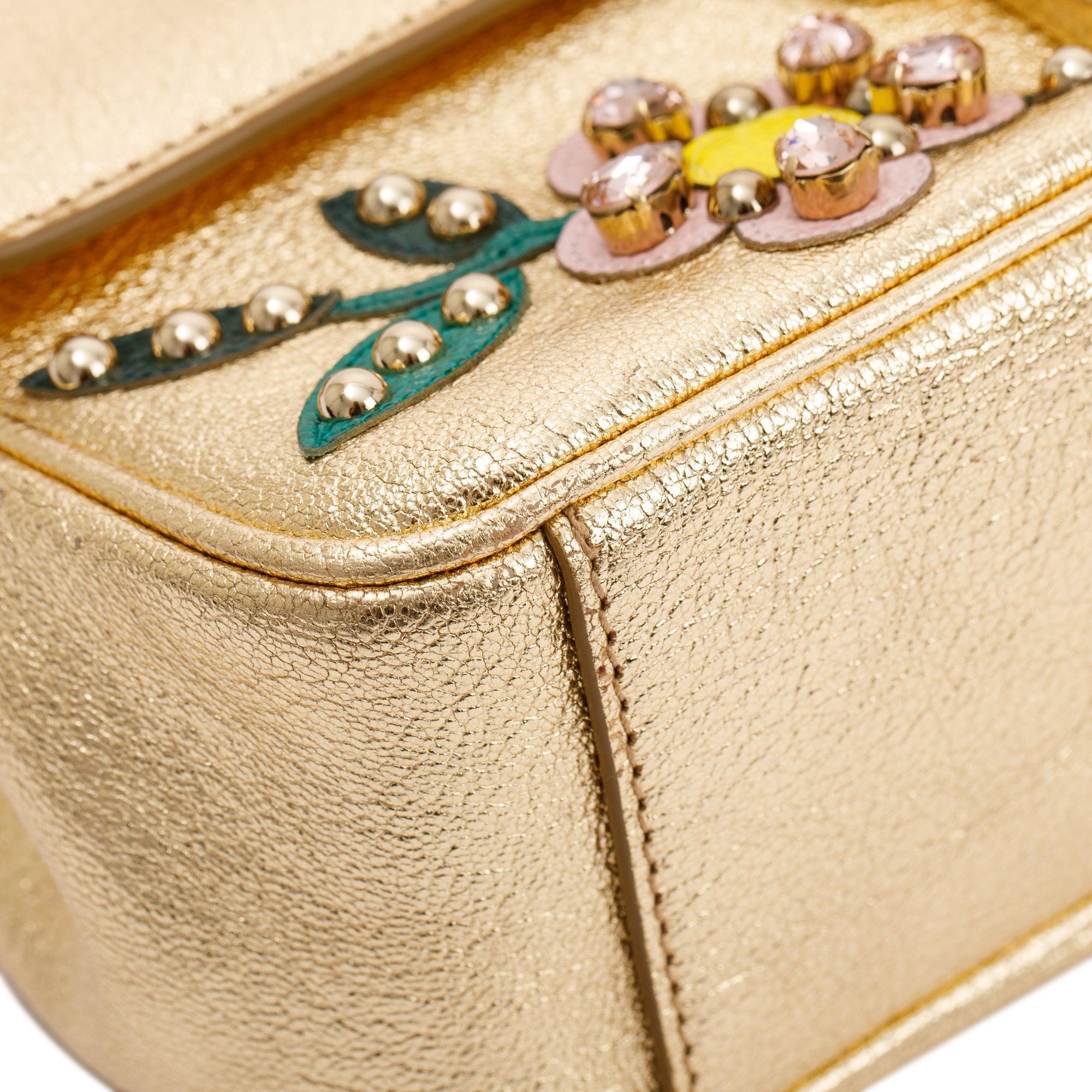 Dolce & Gabbana Embellished Metallic Gold Leather Lucia Shoulder Bag w/ Authenticity Card