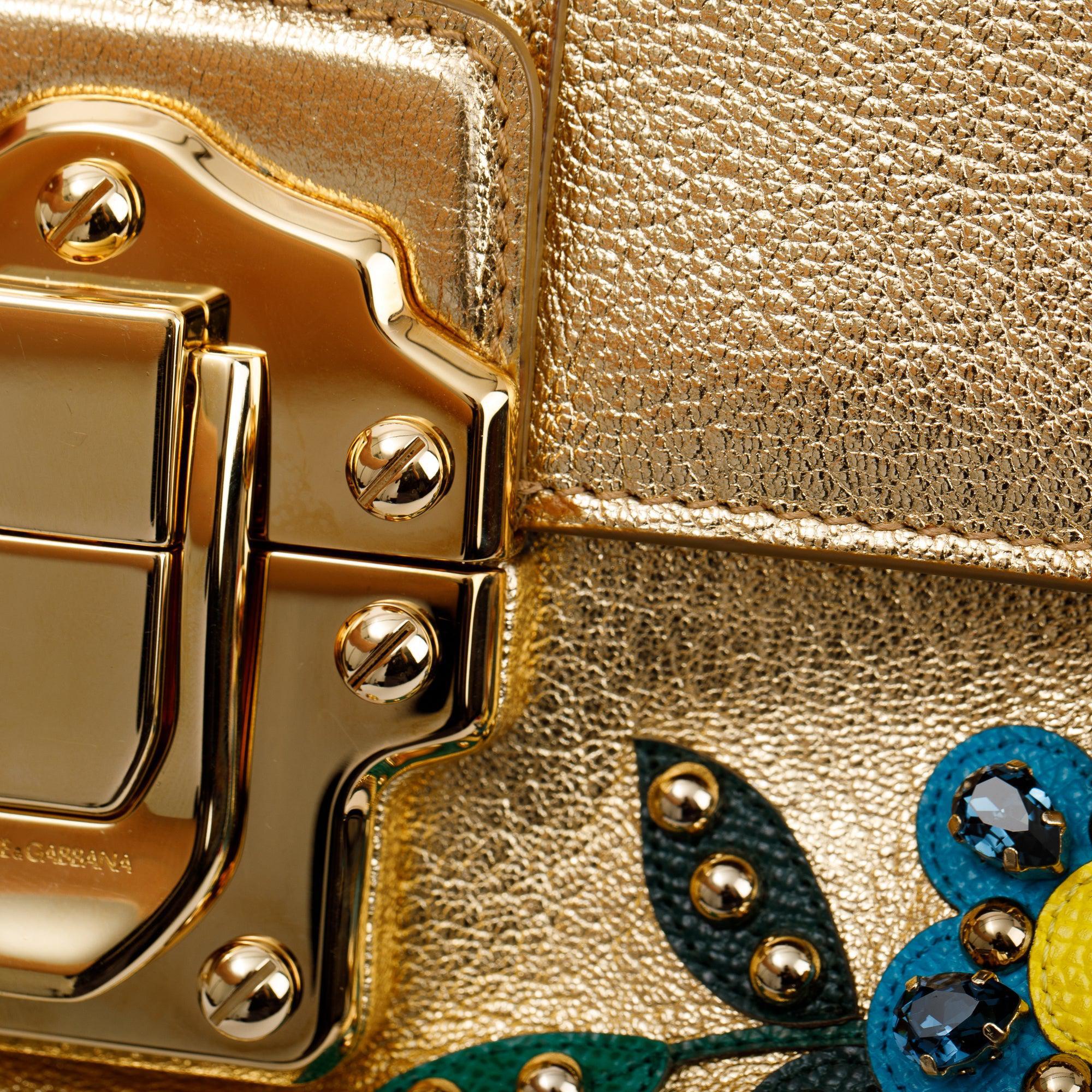 Dolce & Gabbana Embellished Metallic Gold Leather Lucia Shoulder Bag w/ Authenticity Card