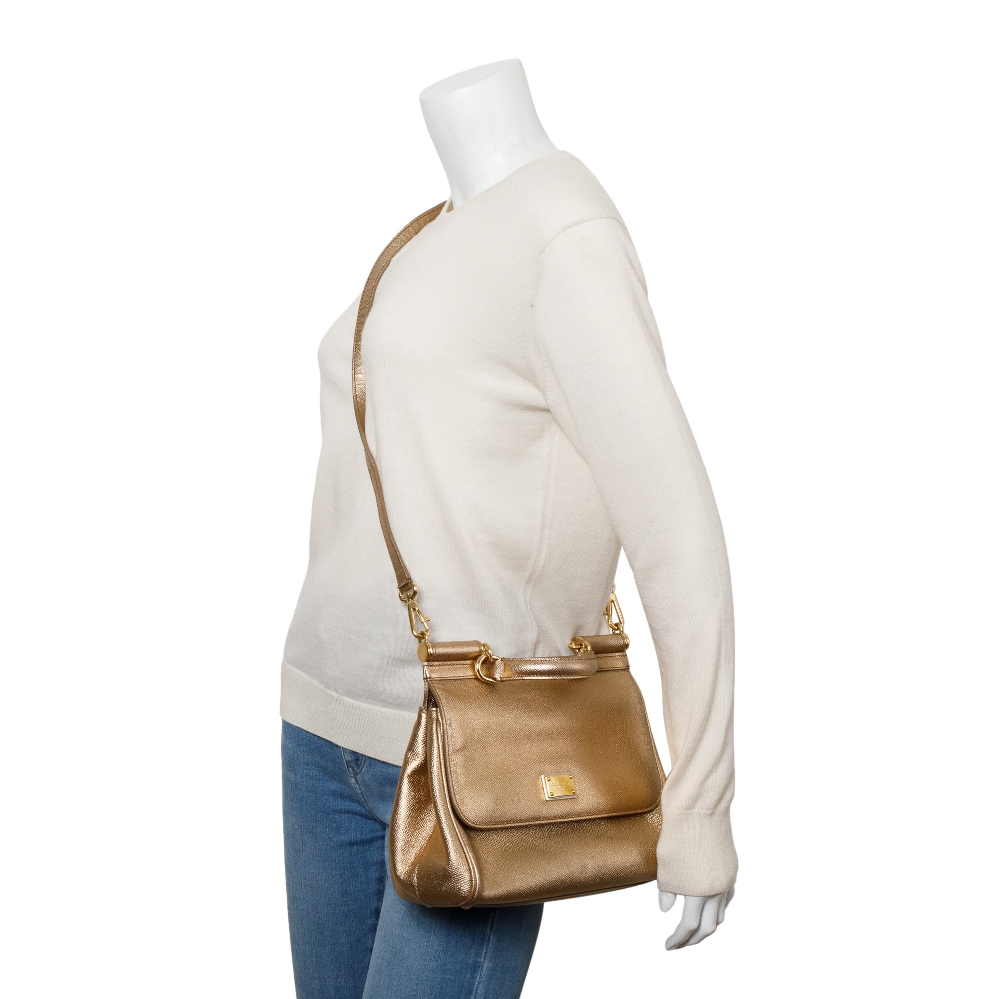 Dolce & Gabbana Gold Dauphine Leather Medium Miss Sicily Bag w/ Strap