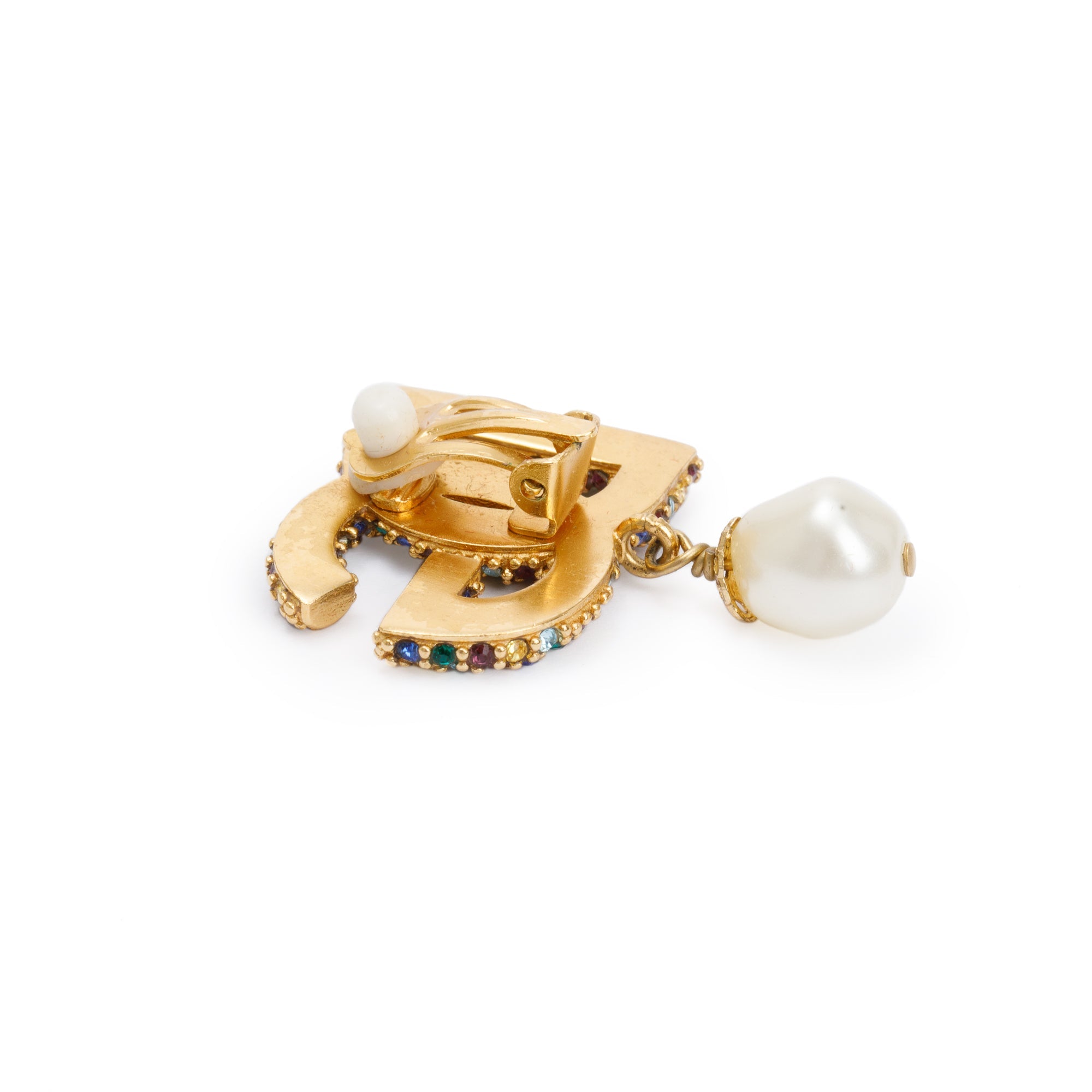 Dolce & Gabbana Gold Plated Multicolour Crystal & Faux Pearl Logo Clip-On Earrings