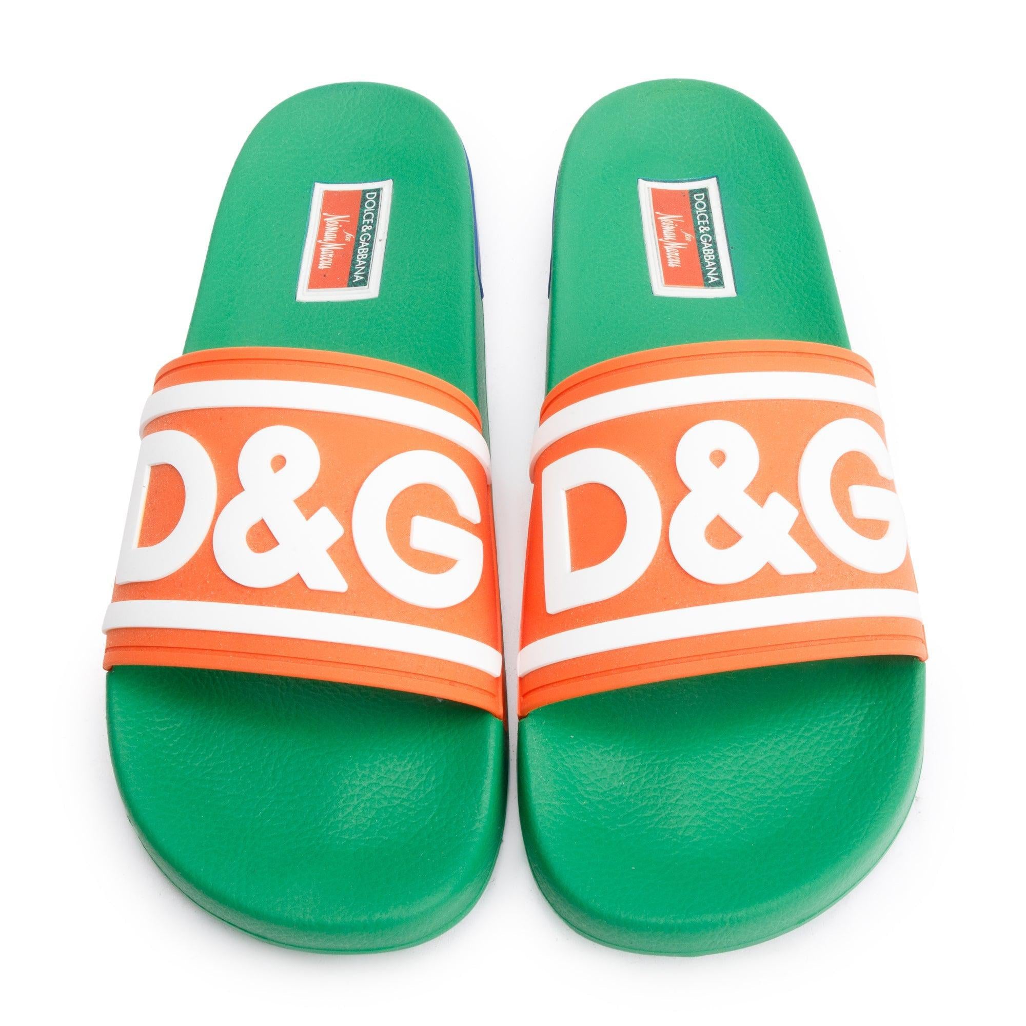 Dolce & Gabbana Green & Multicolor Rubber DG Logo Beachwear Sliders, Size 45 w/ Box