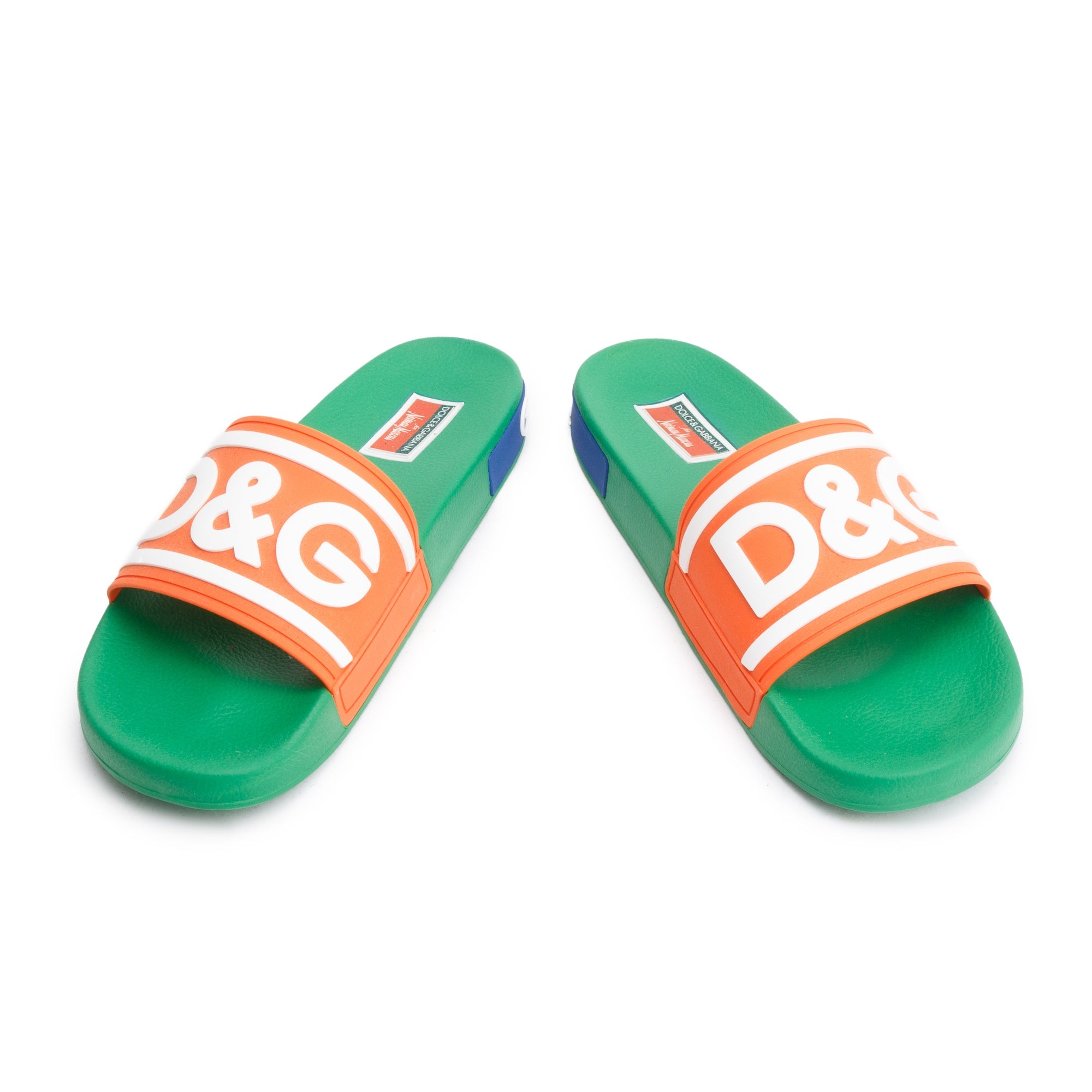 Dolce & Gabbana Green & Multicolor Rubber DG Logo Beachwear Sliders, Size 45 w/ Box
