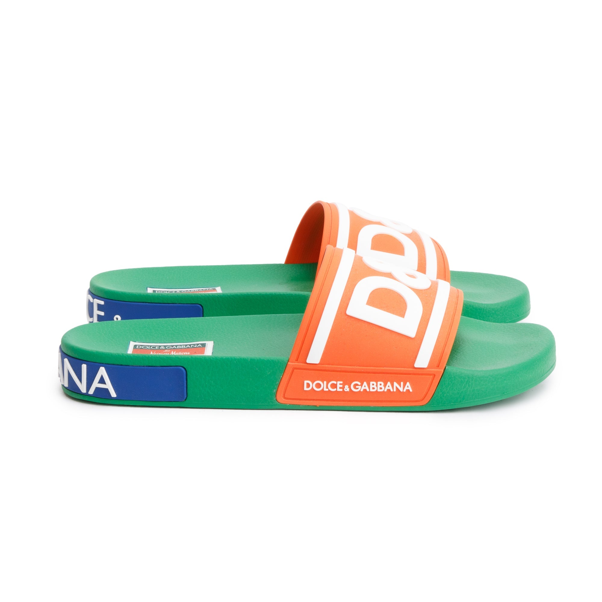 Dolce & Gabbana Green & Multicolor Rubber DG Logo Beachwear Sliders, Size 45 w/ Box