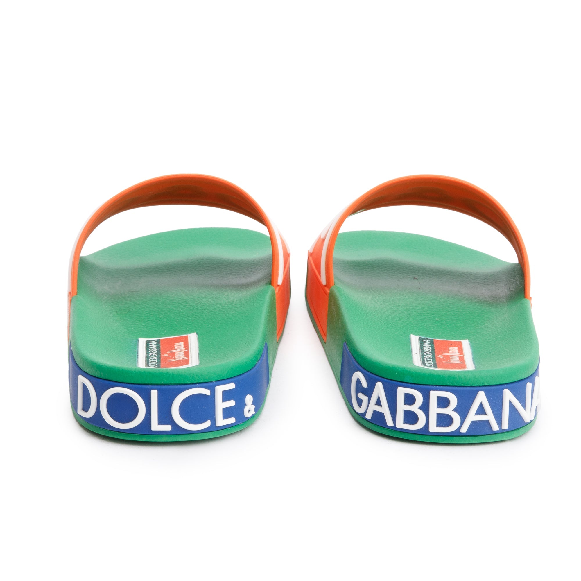 Dolce & Gabbana Green & Multicolor Rubber DG Logo Beachwear Sliders, Size 45 w/ Box