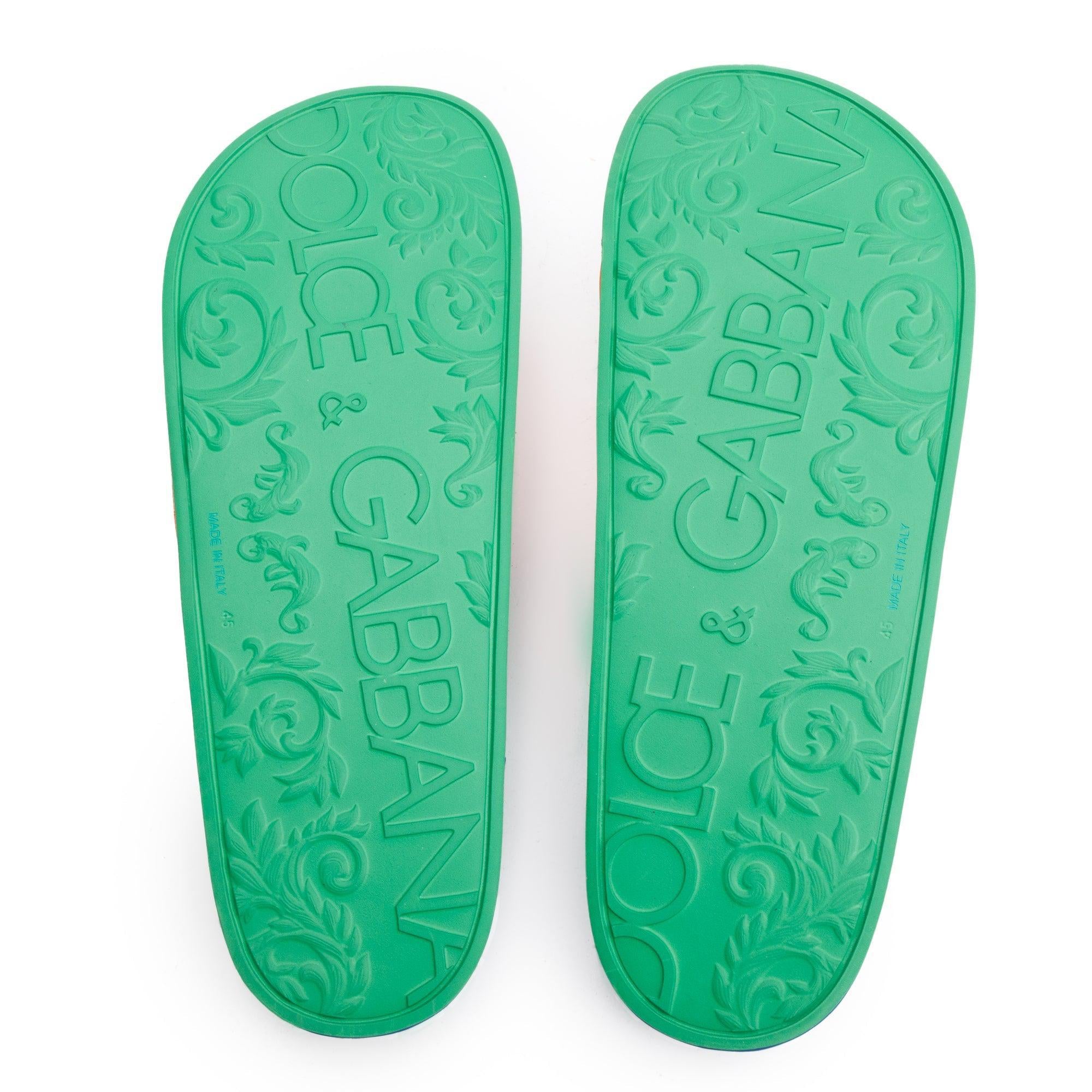 Dolce & Gabbana Green & Multicolor Rubber DG Logo Beachwear Sliders, Size 45 w/ Box