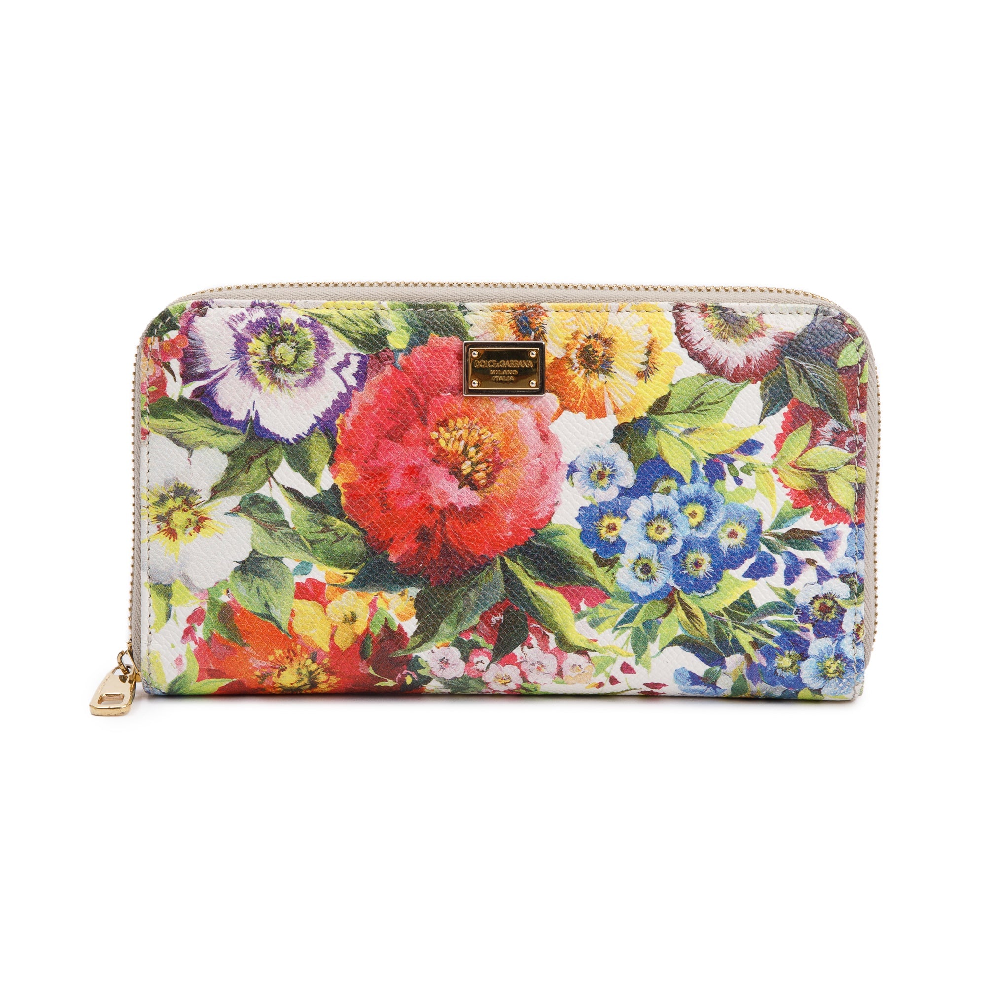 Dolce & Gabbana Multicolor Floral Print Leather Zip Around Wallet w/ Authenticity Card