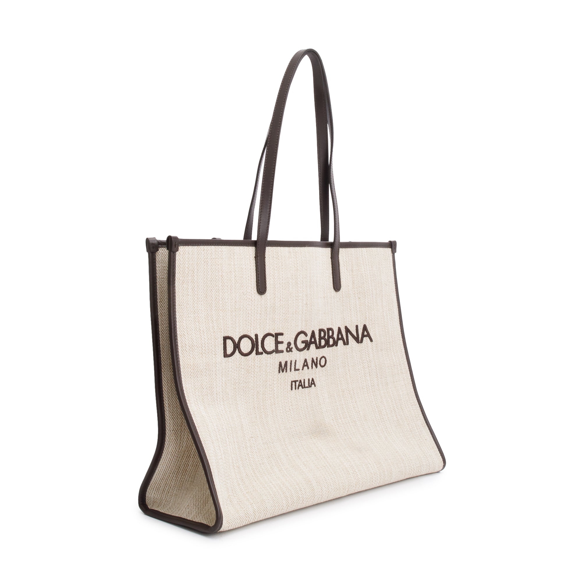Dolce & Gabbana Neutral Canvas Black Leather Trim Large Shopper Tote