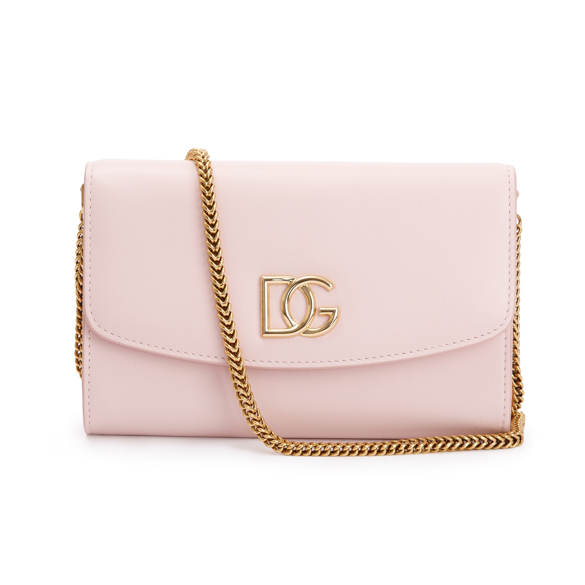 Dolce & Gabbana Pink Calfskin Leather DG Logo Flap Chain Clutch Bag w/ Authenticity Card