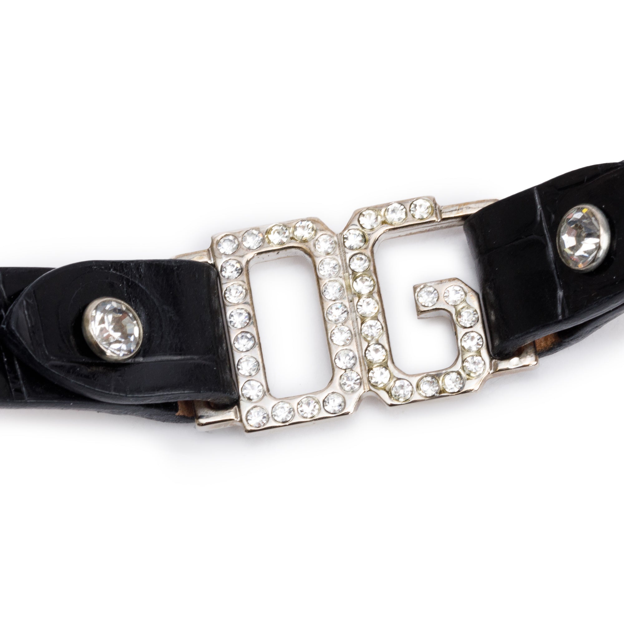 Dolce & Gabbana Silver Plated Crystal 'DG' Black Leather Collar Necklace
