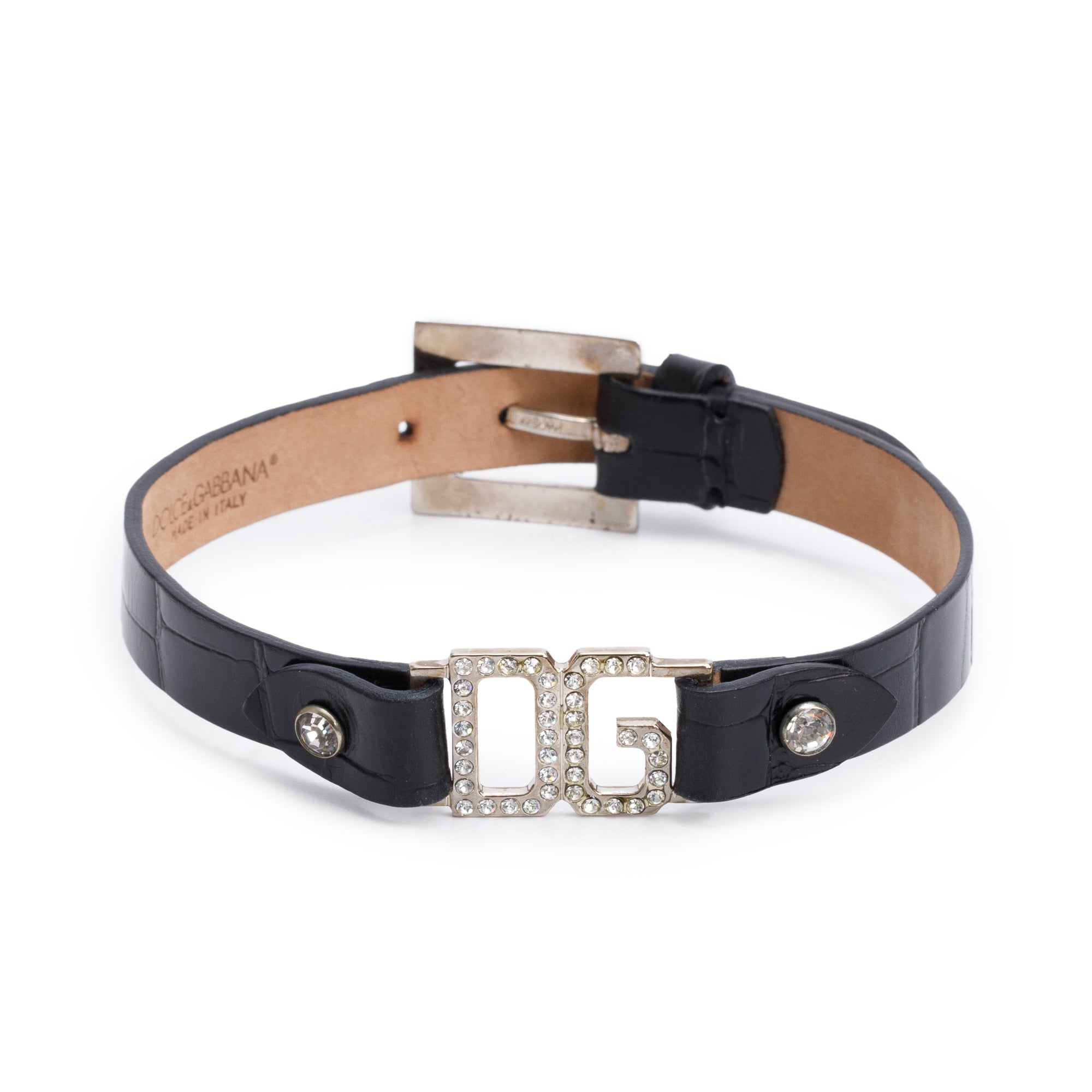 Dolce & Gabbana Silver Plated Crystal 'DG' Black Leather Collar Necklace