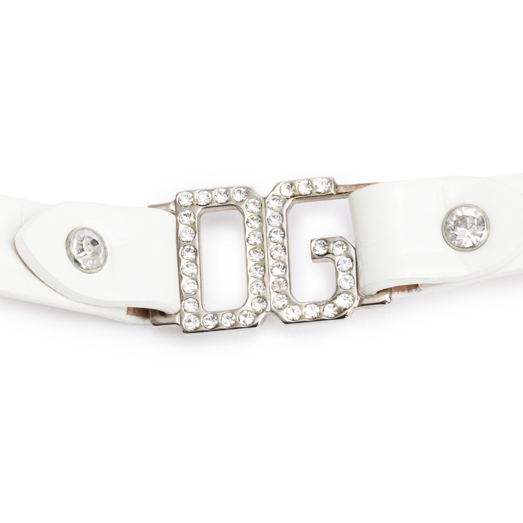 Dolce & Gabbana Silver Plated Crystal 'DG' White Leather Collar Necklace