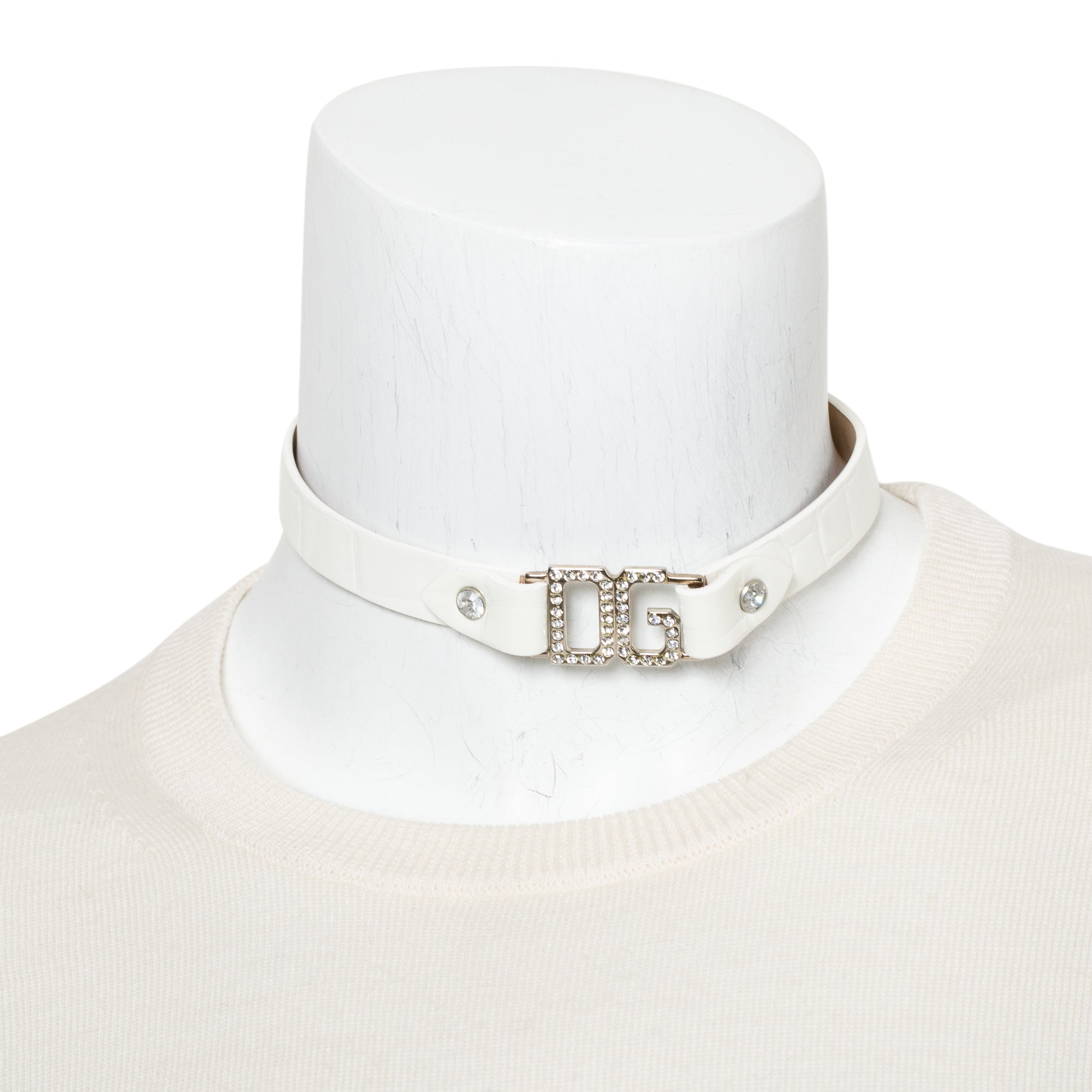 Dolce & Gabbana Silver Plated Crystal 'DG' White Leather Collar Necklace