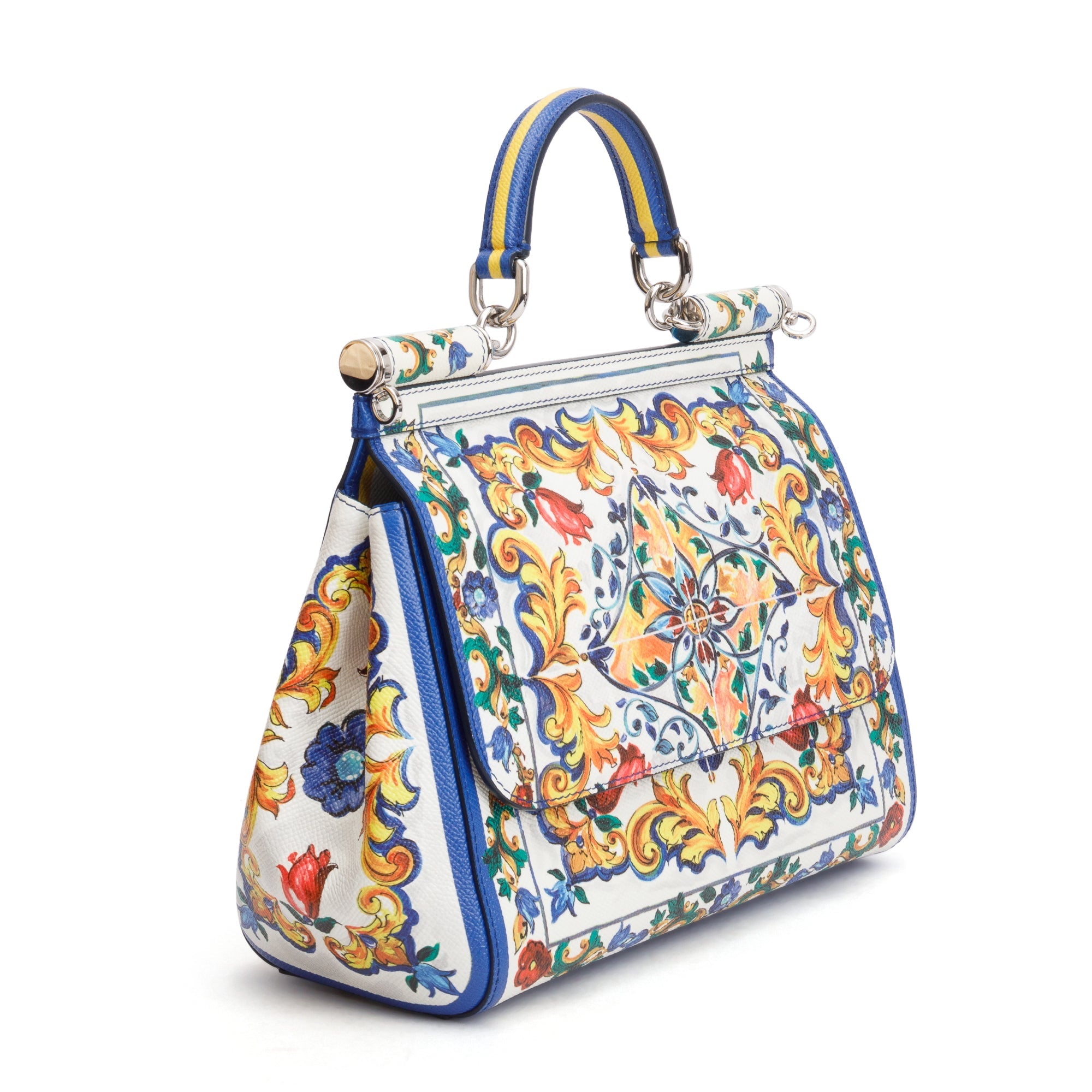 Dolce & Gabbana White Majolica Print Leather Medium Miss Sicily Bag w/ Strap
