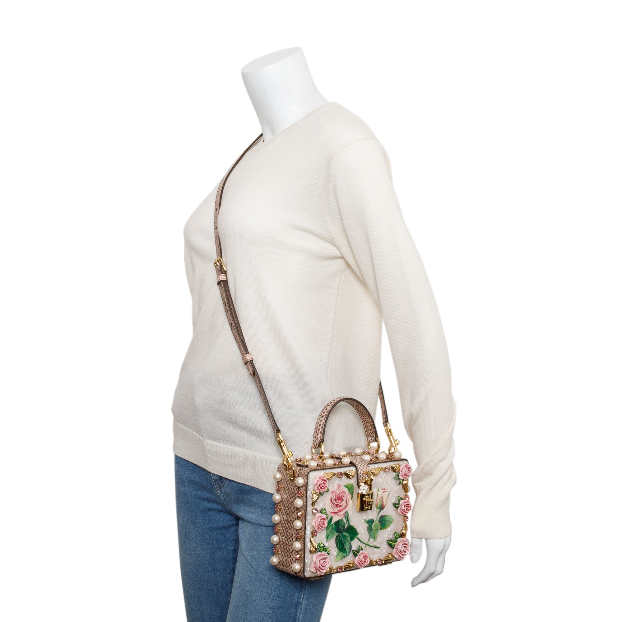 Dolce & Gabbana White Multicolor Mother of Pearl, Crystal & Floral Appique Python Trim Box Bag w/ Strap, Authenticity Card & Box