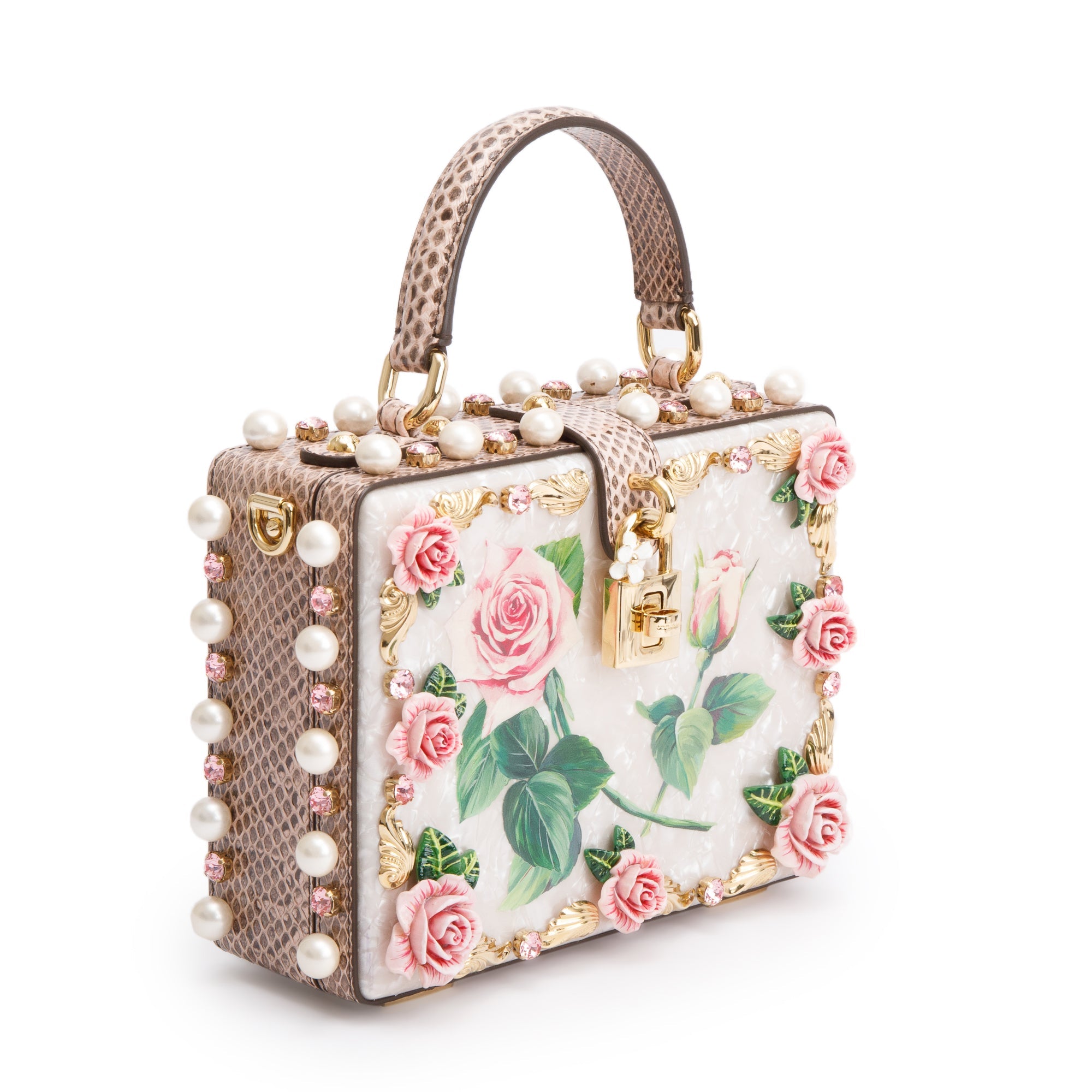 Dolce & Gabbana White Multicolor Mother of Pearl, Crystal & Floral Appique Python Trim Box Bag w/ Strap, Authenticity Card & Box