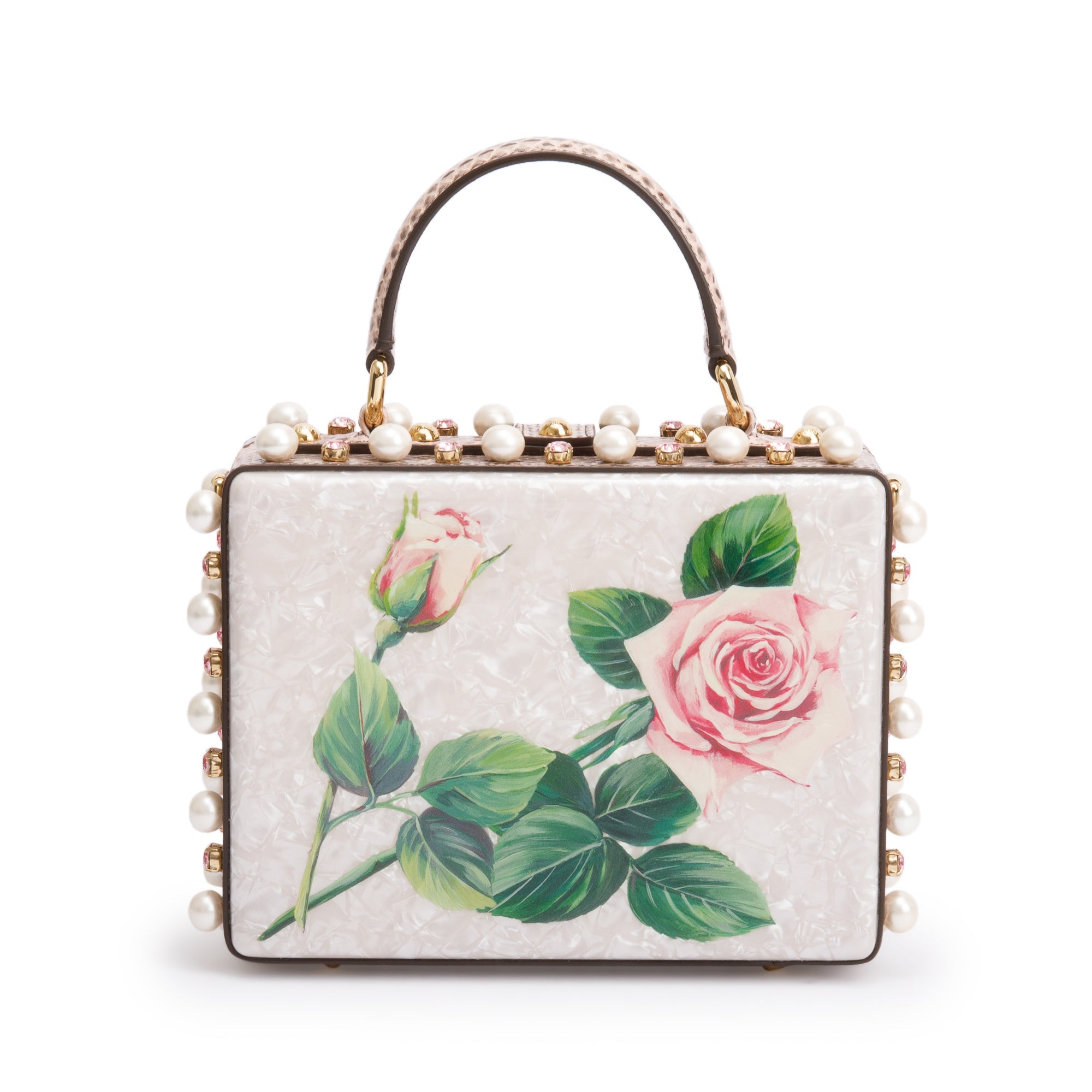 Dolce & Gabbana White Multicolor Mother of Pearl, Crystal & Floral Appique Python Trim Box Bag w/ Strap, Authenticity Card & Box
