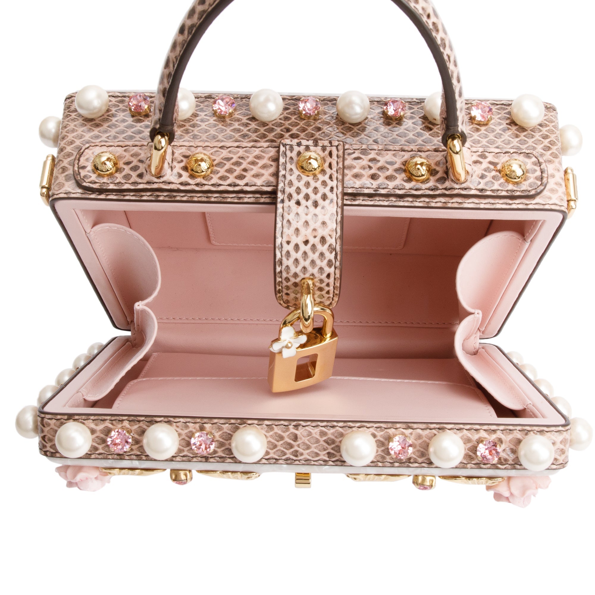 Dolce & Gabbana White Multicolor Mother of Pearl, Crystal & Floral Appique Python Trim Box Bag w/ Strap, Authenticity Card & Box