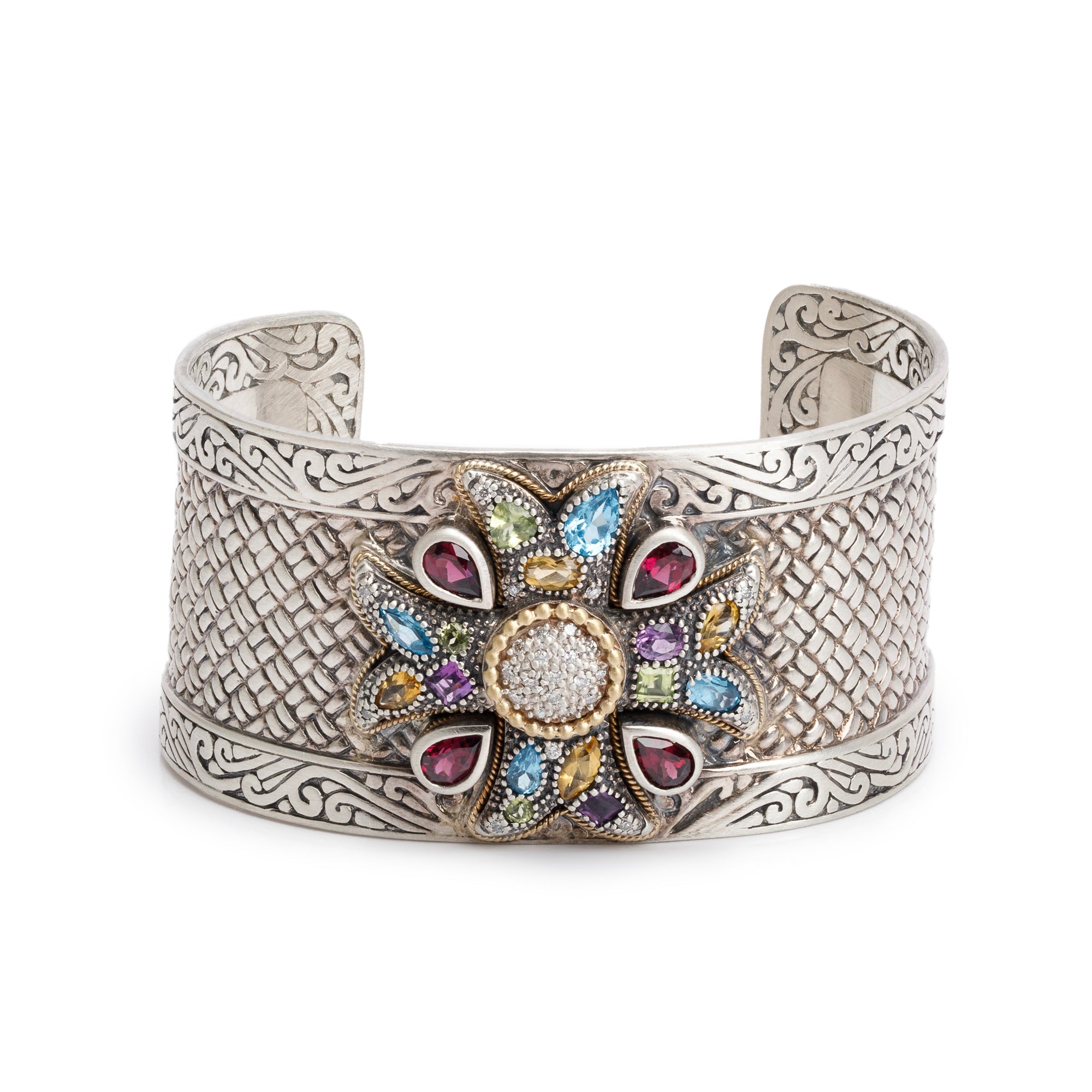 Effy Sterling Silver & 18k Yellow Gold Multistone Balissima Cross Wide Cuff Bracelet