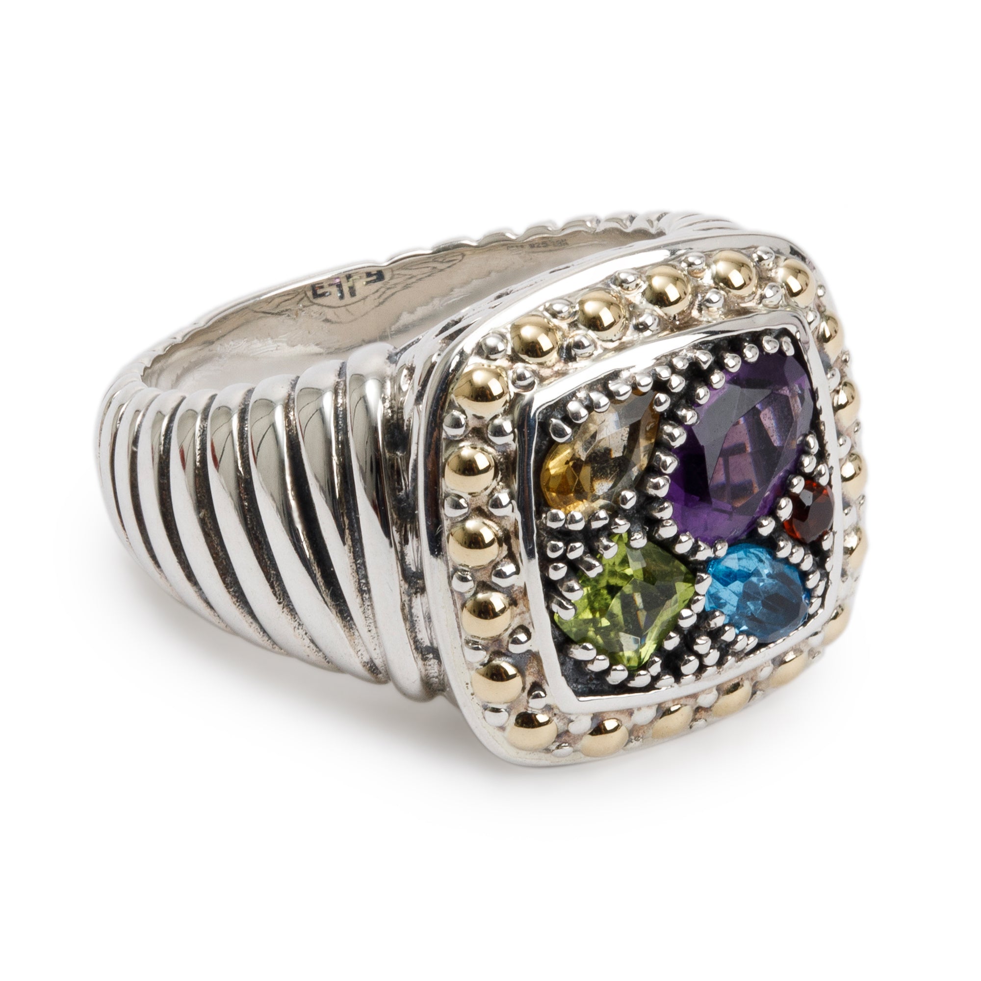 Effy Sterling Silver and 18k Yellow Gold Multi-Gemstone Cocktail Ring, Size 7