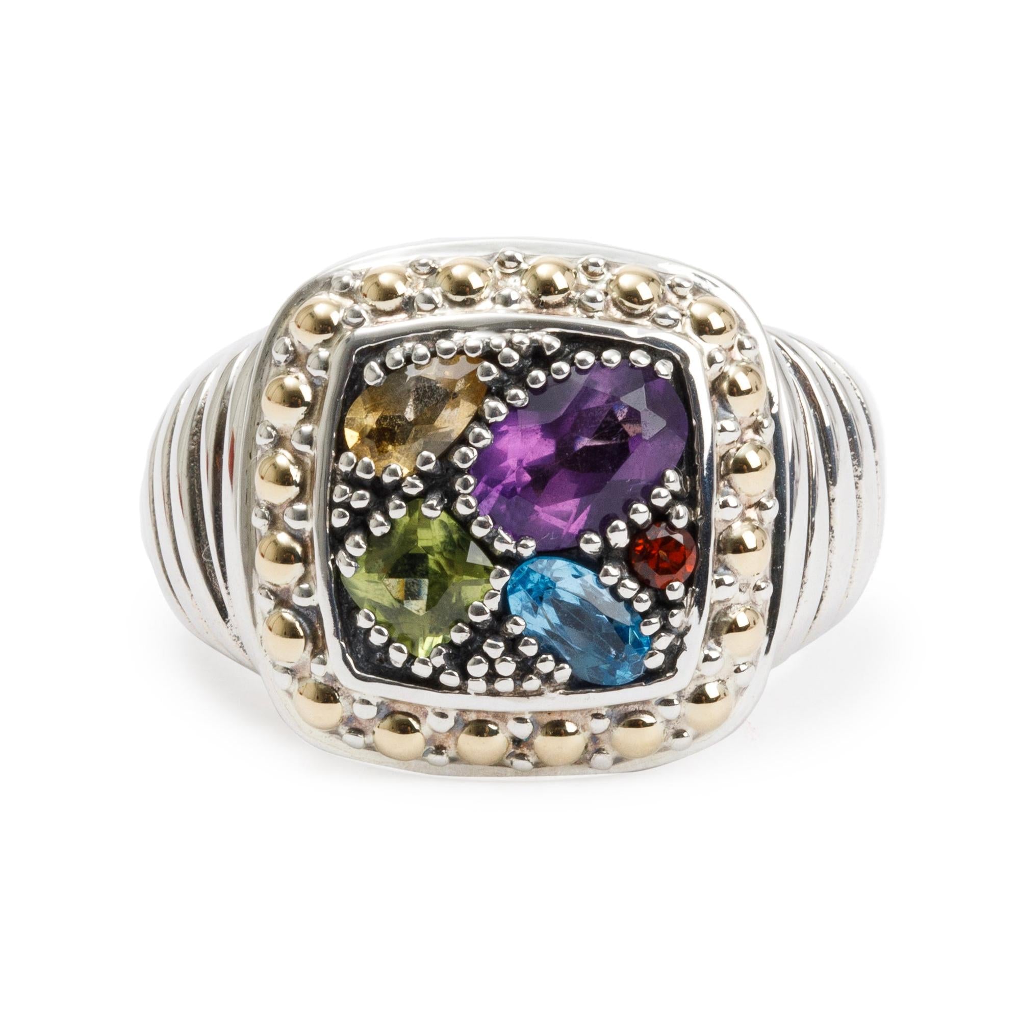 Effy Sterling Silver and 18k Yellow Gold Multi-Gemstone Cocktail Ring, Size 7