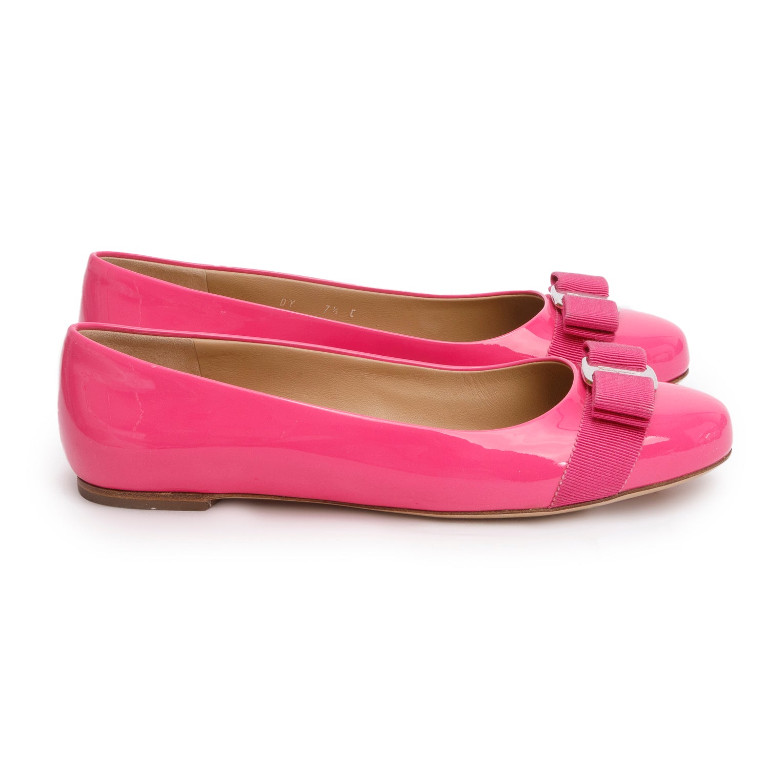 Ferragamo Pink Patent Leather Varina Bow Flats, Size 7.5