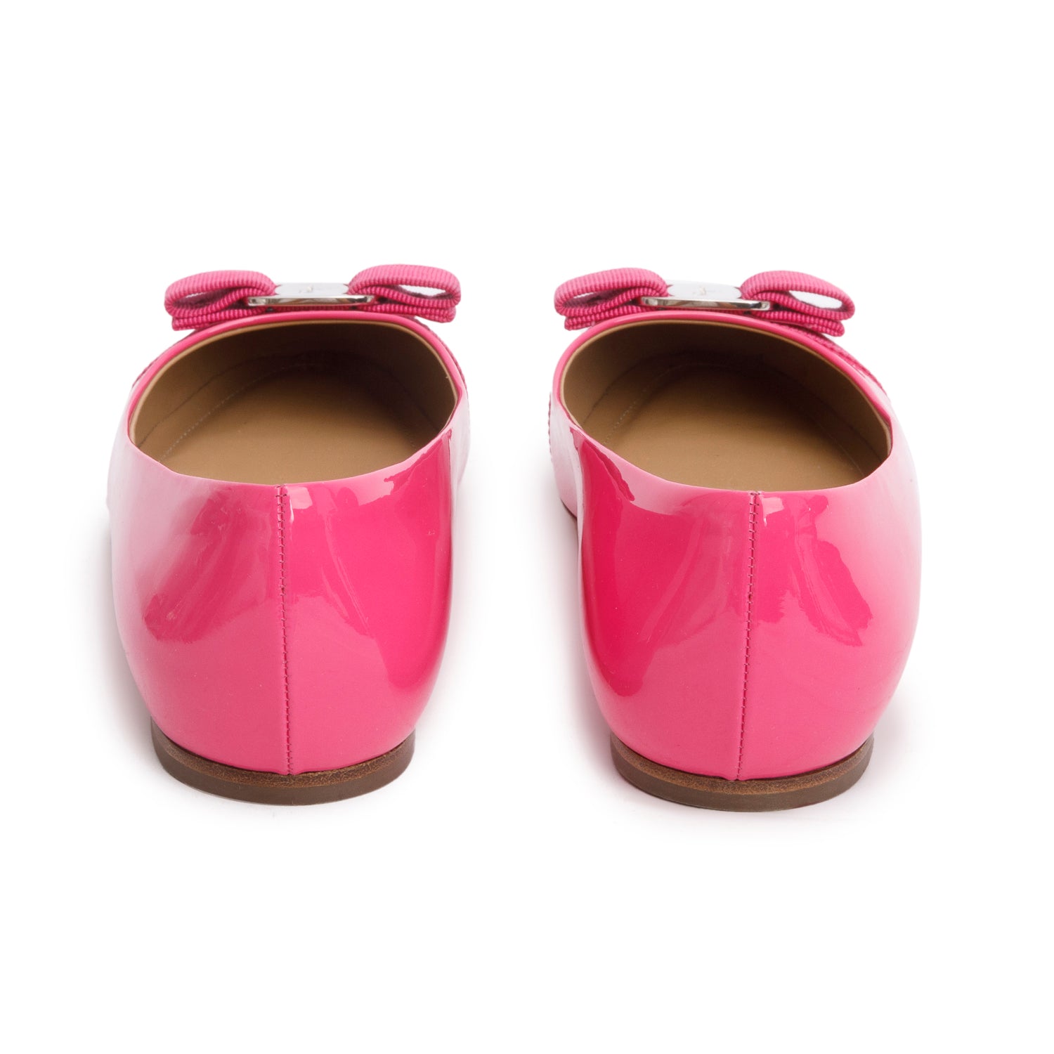 Ferragamo Pink Patent Leather Varina Bow Flats, Size 7.5