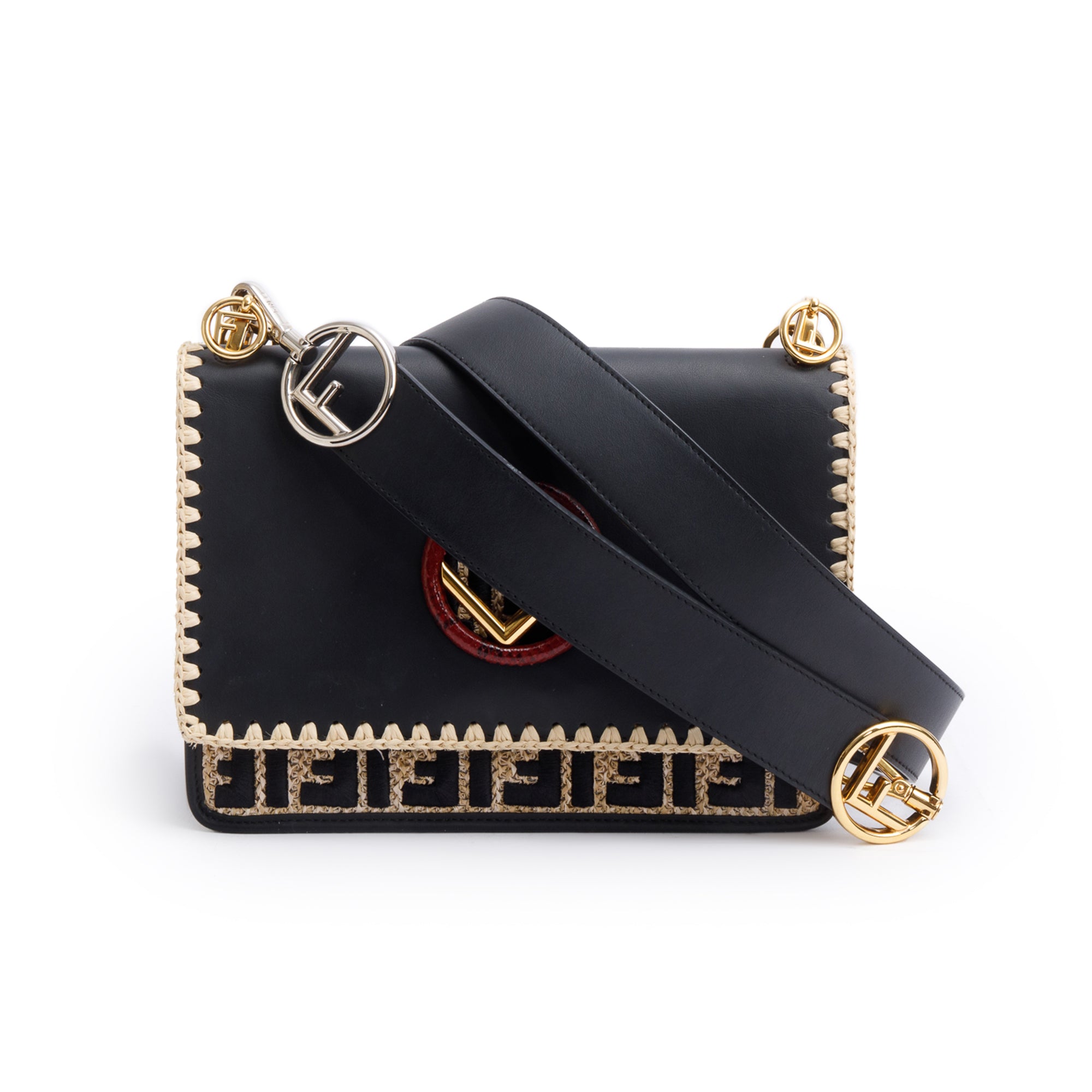 Fendi Black Calfskin Leather Raffia Snakeskin FF Embroidered Medium F is Fendi Kan I Shoulder Bag w/ Straps