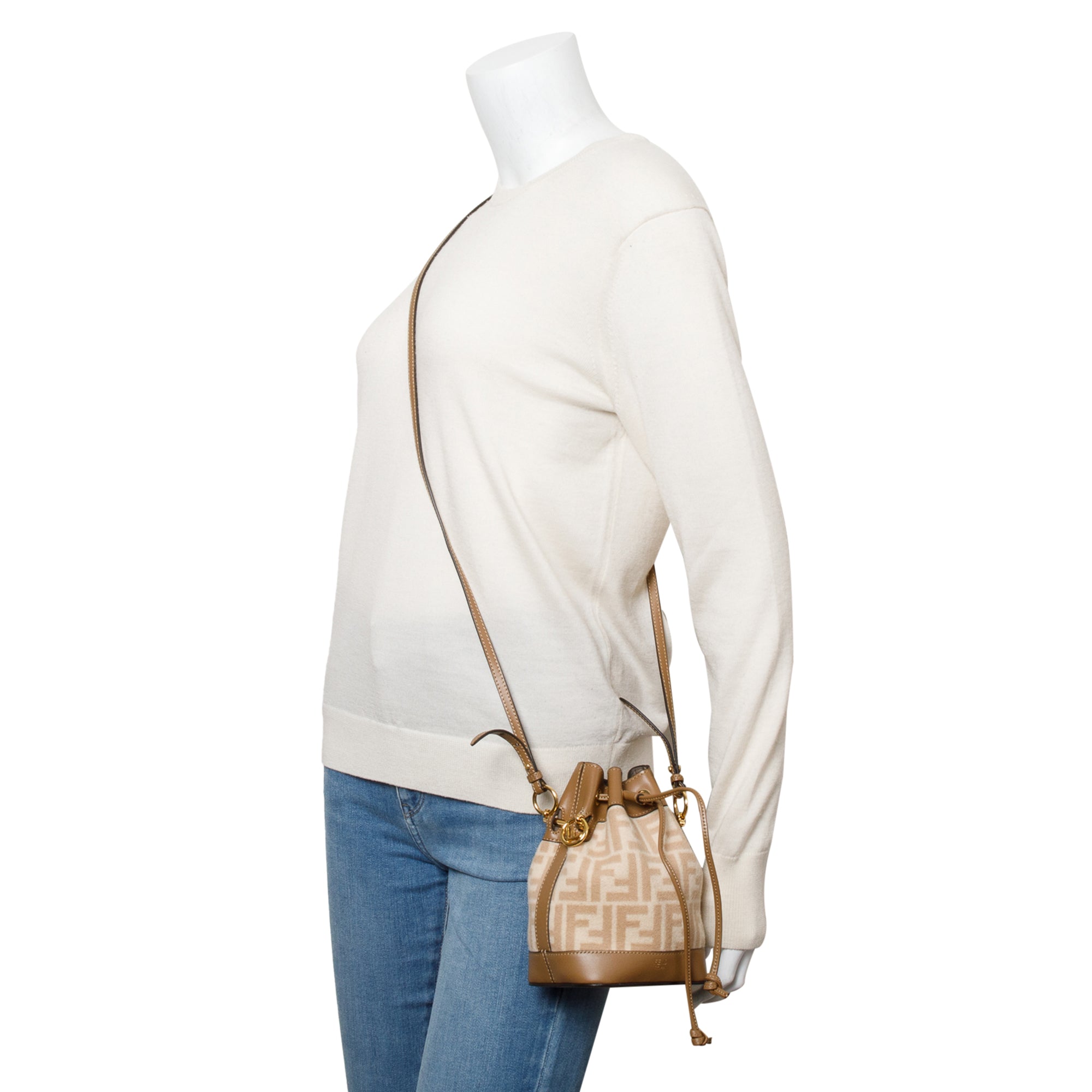 Fendi 2021 Neutral FF Wool Tan Calfskin Leather Mini Mon Tresor Bucket Bag w/ Strap