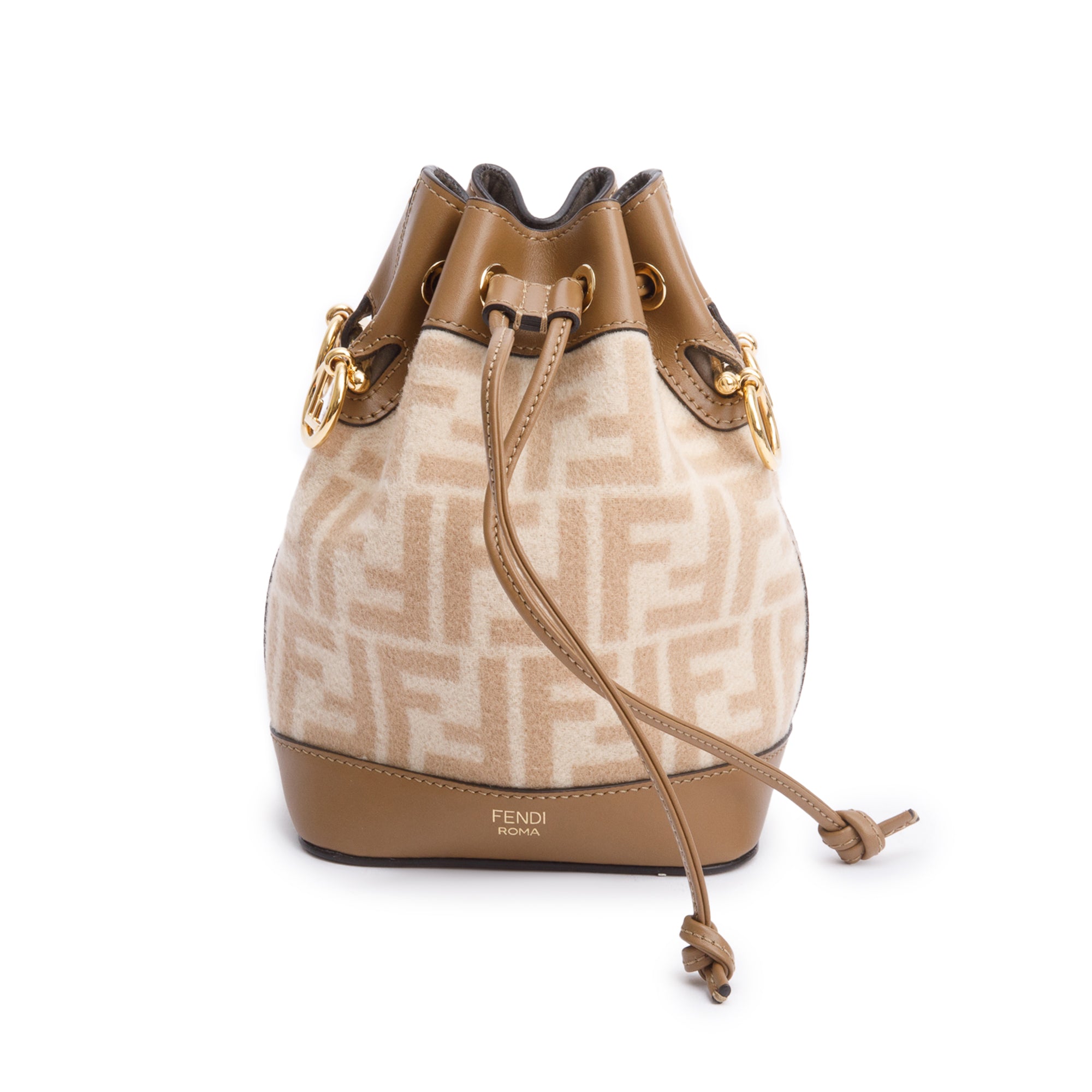 Fendi 2021 Neutral FF Wool Tan Calfskin Leather Mini Mon Tresor Bucket Bag w/ Strap