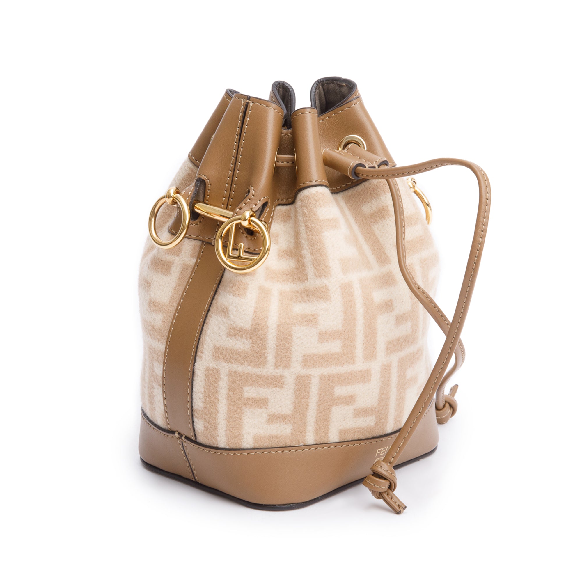 Fendi 2021 Neutral FF Wool Tan Calfskin Leather Mini Mon Tresor Bucket Bag w/ Strap