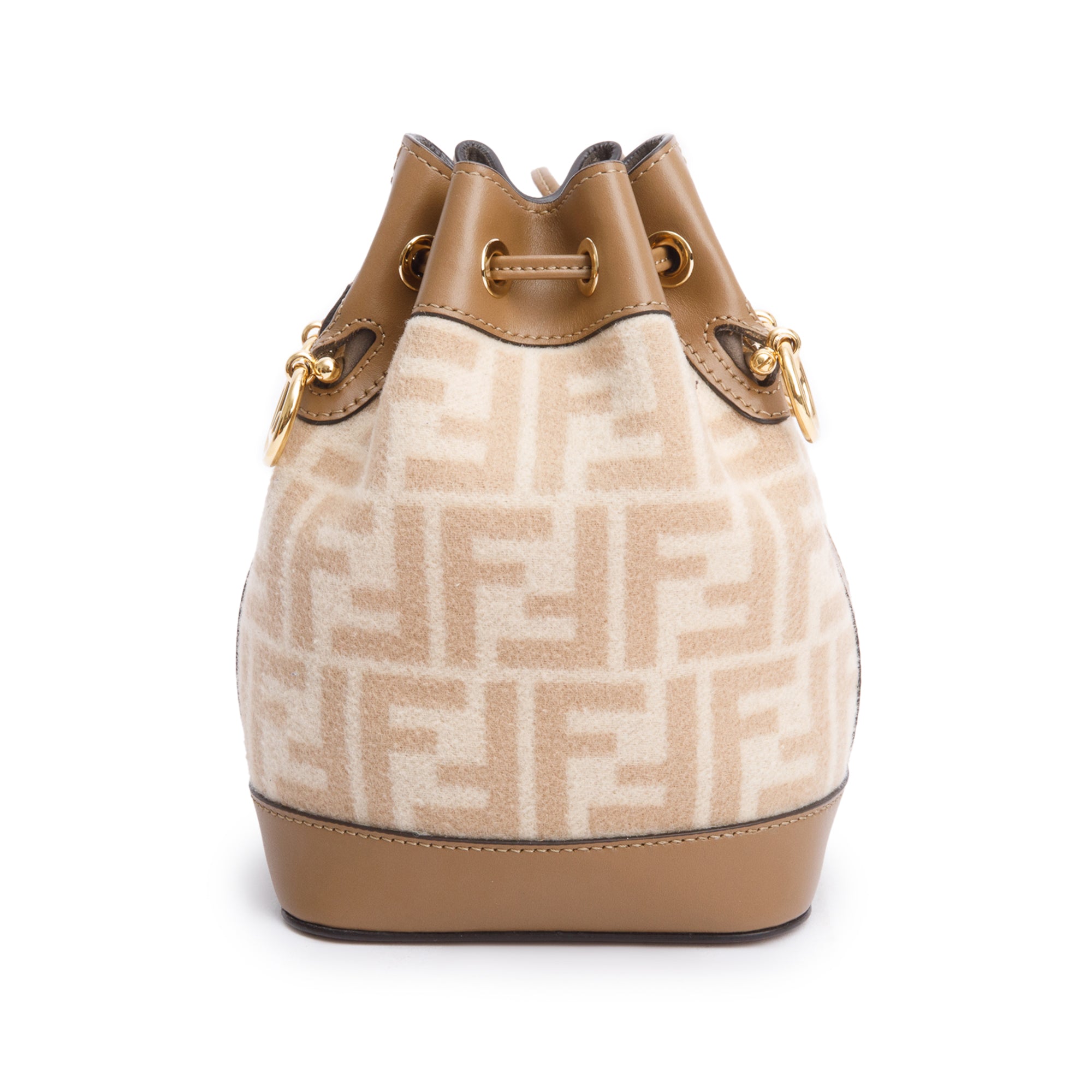 Fendi 2021 Neutral FF Wool Tan Calfskin Leather Mini Mon Tresor Bucket Bag w/ Strap