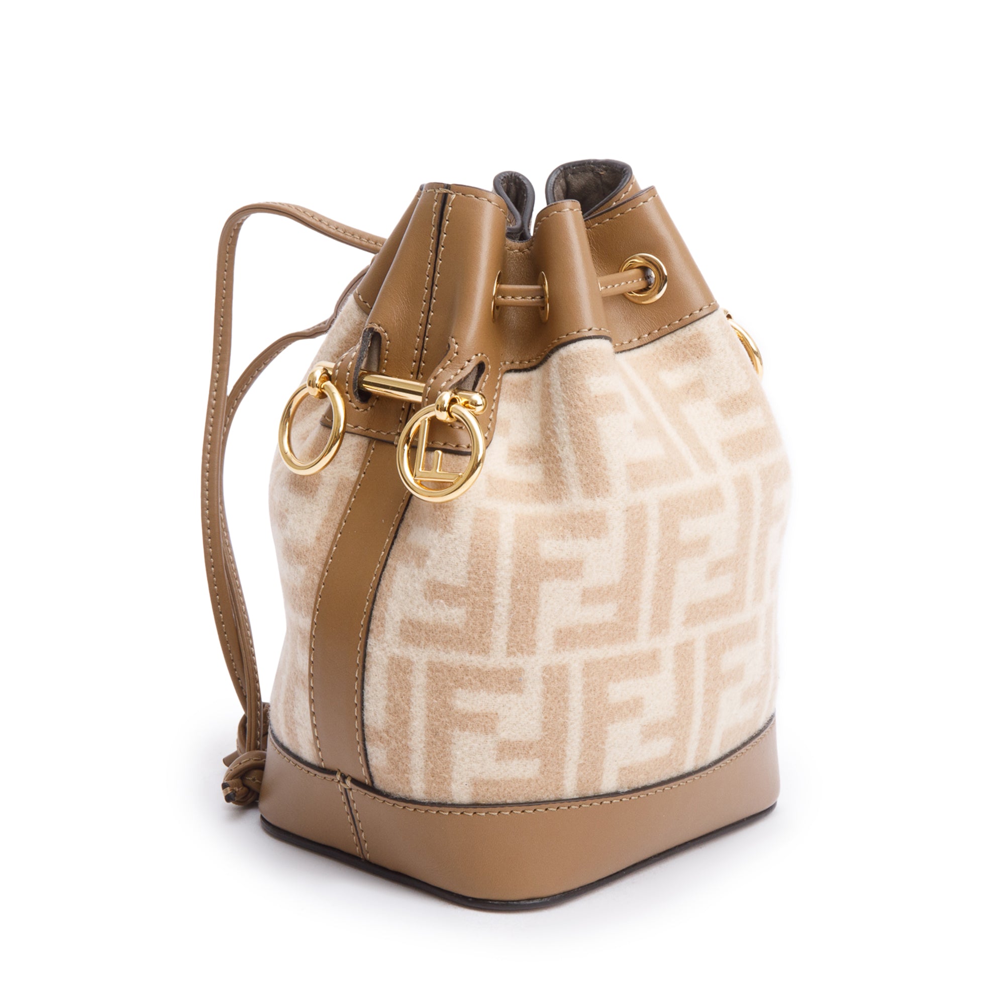 Fendi 2021 Neutral FF Wool Tan Calfskin Leather Mini Mon Tresor Bucket Bag w/ Strap