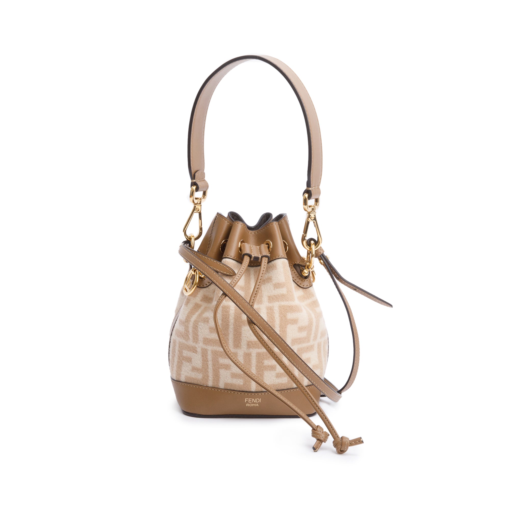 Fendi 2021 Neutral FF Wool Tan Calfskin Leather Mini Mon Tresor Bucket Bag w/ Strap