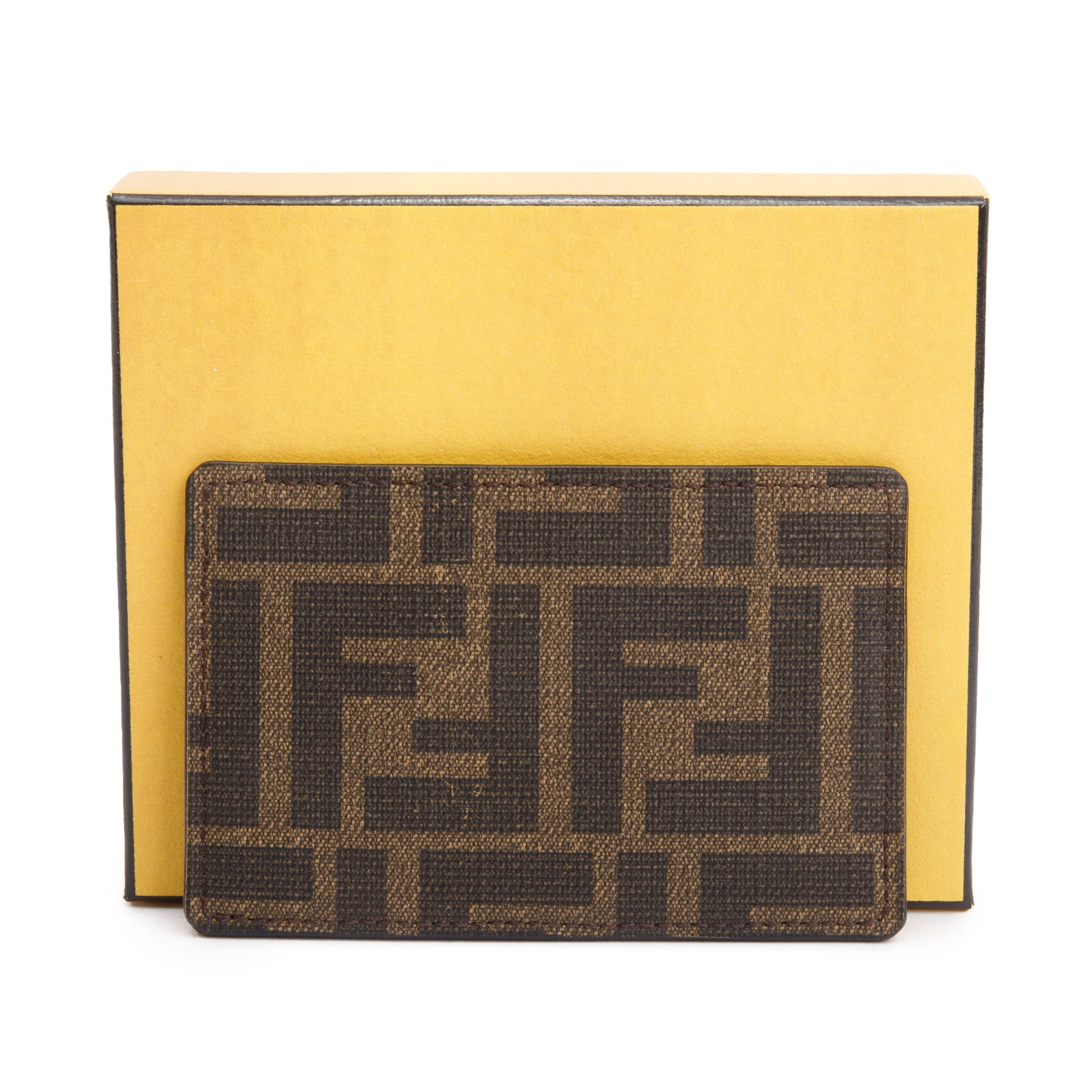 Fendi 2022 Black Leather Brown FF Zucca Canvas Card Case w/ Box