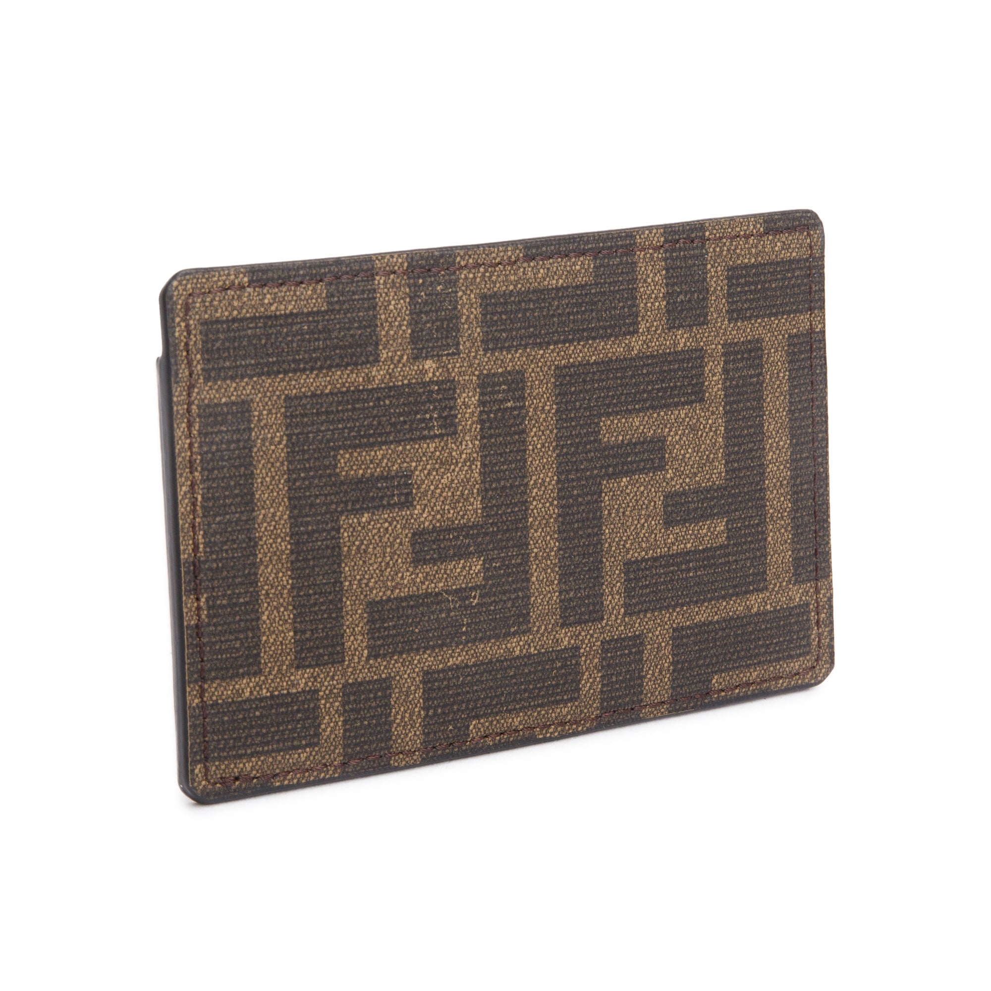 Fendi 2022 Black Leather Brown FF Zucca Canvas Card Case w/ Box