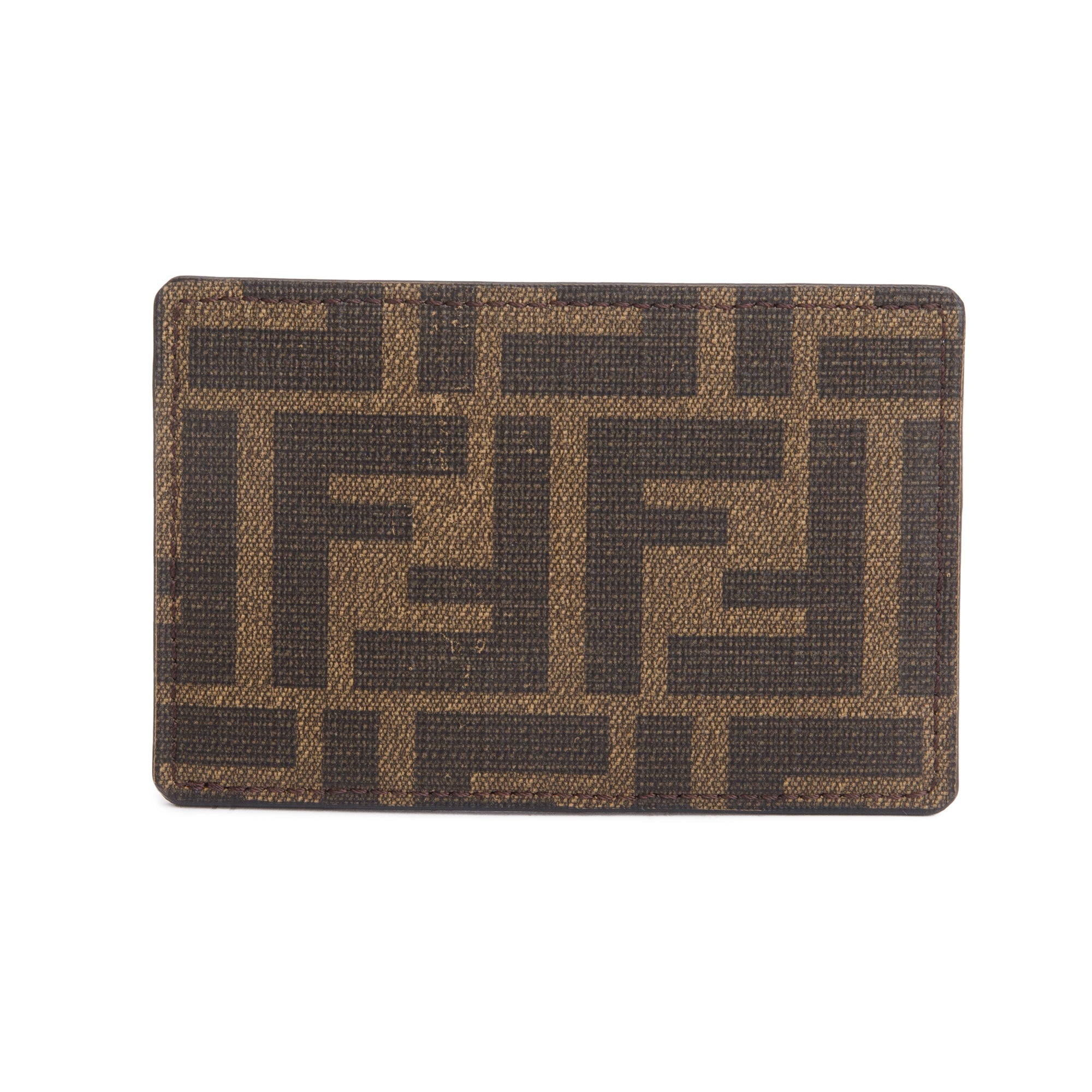 Fendi 2022 Black Leather Brown FF Zucca Canvas Card Case w/ Box
