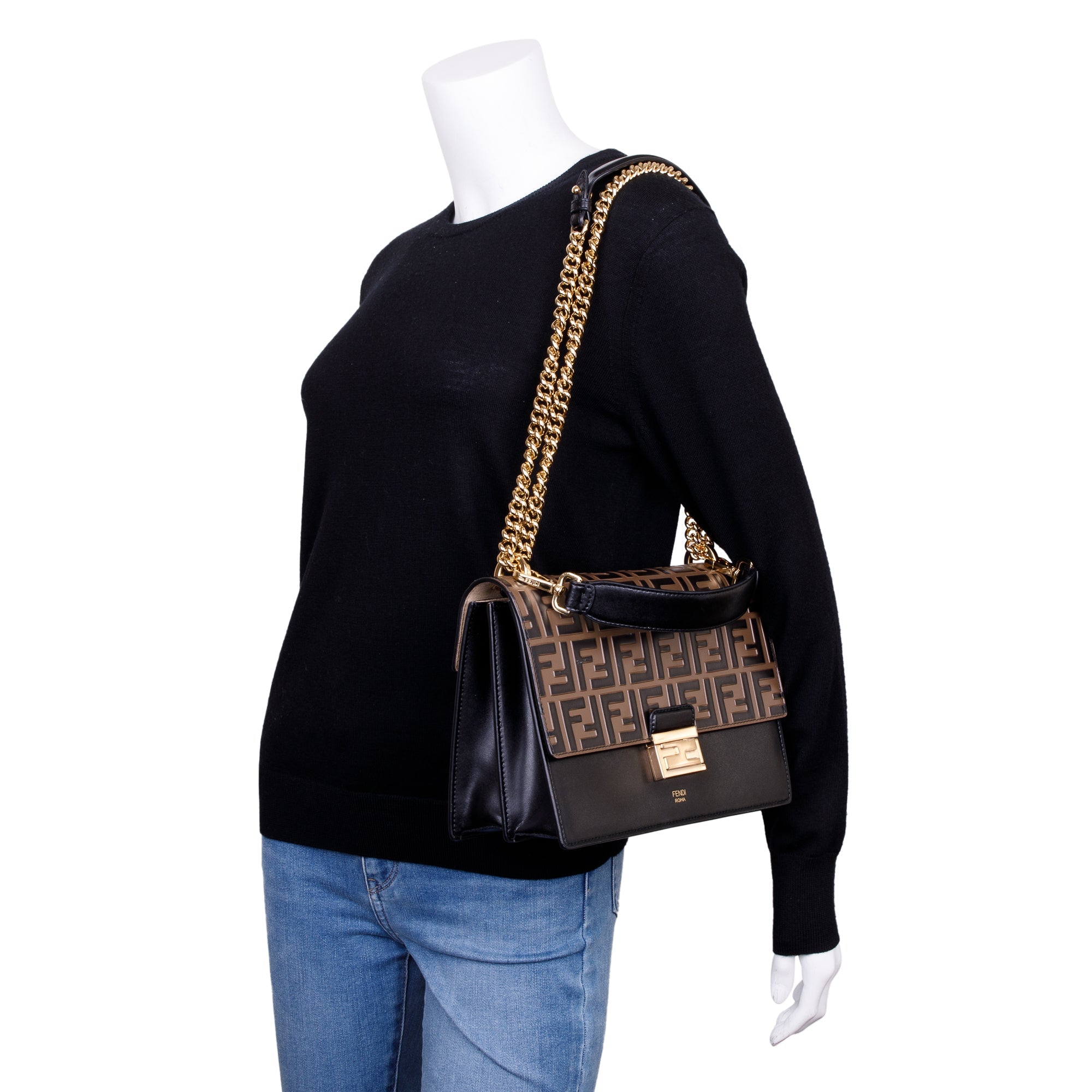 Fendi 2022 FF Embossed & Black Calfskin Leather Kan I Shoulder Bag w/ Box, Receipt & Strap