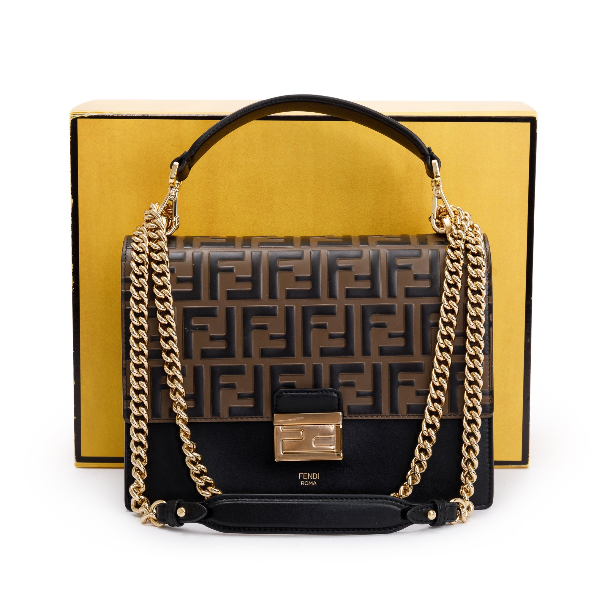 Fendi 2022 FF Embossed & Black Calfskin Leather Kan I Shoulder Bag w/ Box, Receipt & Strap