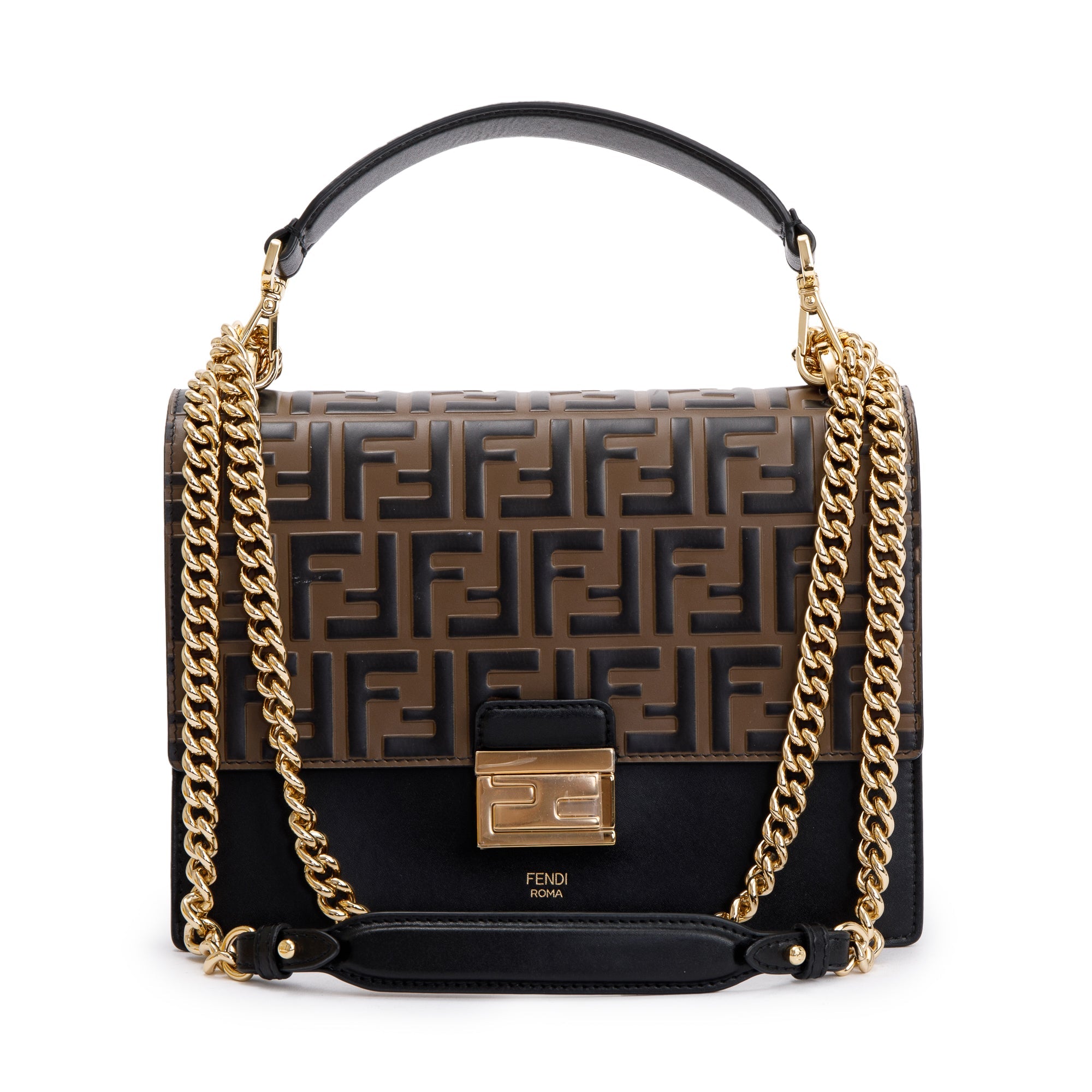 Fendi 2022 FF Embossed & Black Calfskin Leather Kan I Shoulder Bag w/ Box, Receipt & Strap