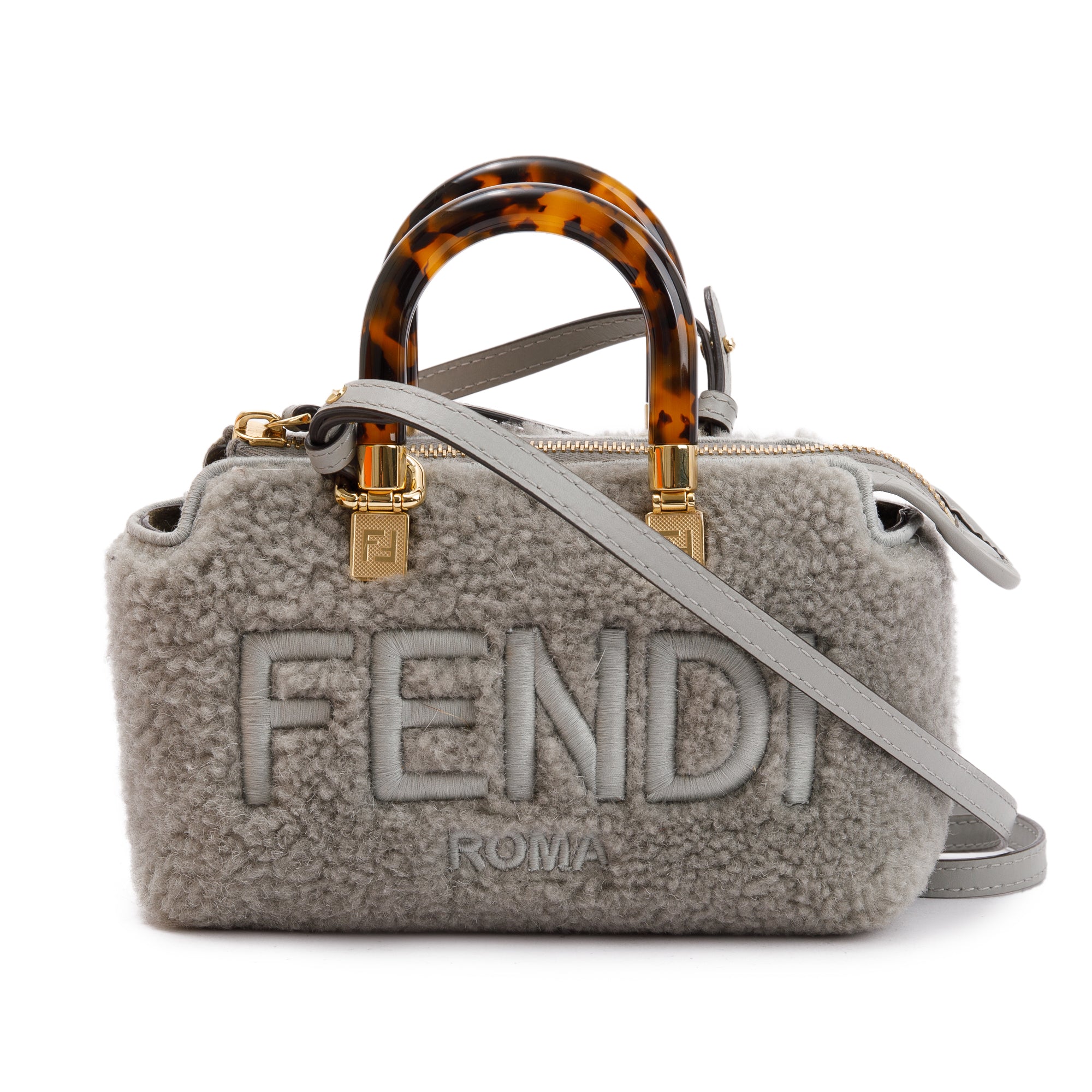 Fendi 2022 Grey Sheepskin Logo Embroidered By the Way Mini Boston Bag w/ Strap & Box